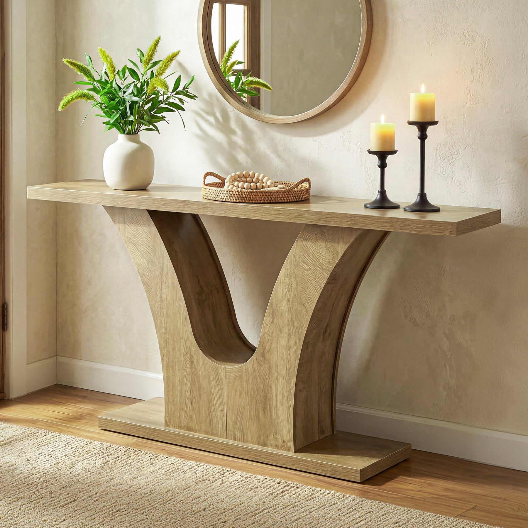 160cm Farmhouse Console Table with 2-Tier Storage, Narrow Sofa Table with Curved U-Shape Base