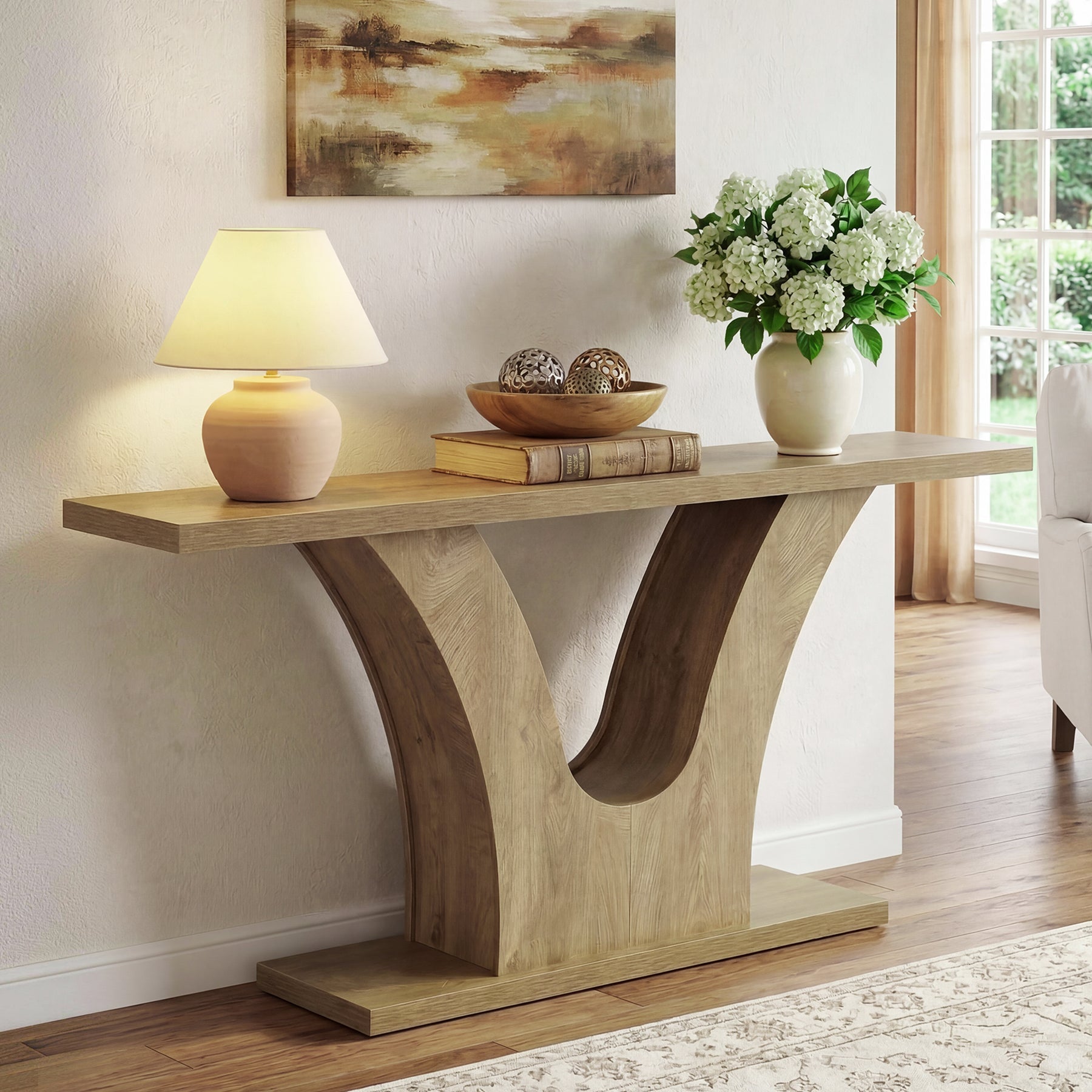 160cm Farmhouse Console Table with 2-Tier Storage, Narrow Sofa Table with Curved U-Shape Base