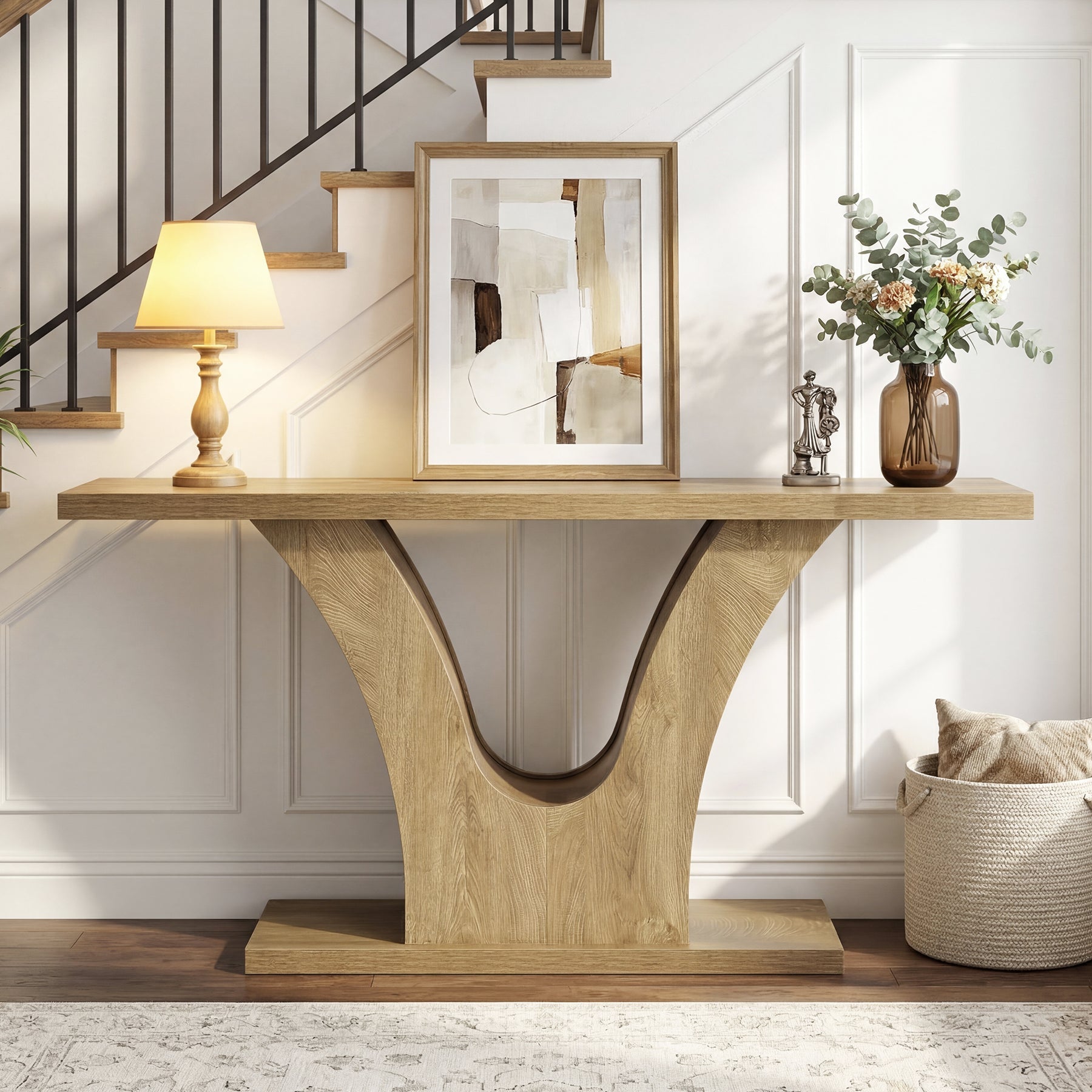 160cm Farmhouse Console Table with 2-Tier Storage, Narrow Sofa Table with Curved U-Shape Base