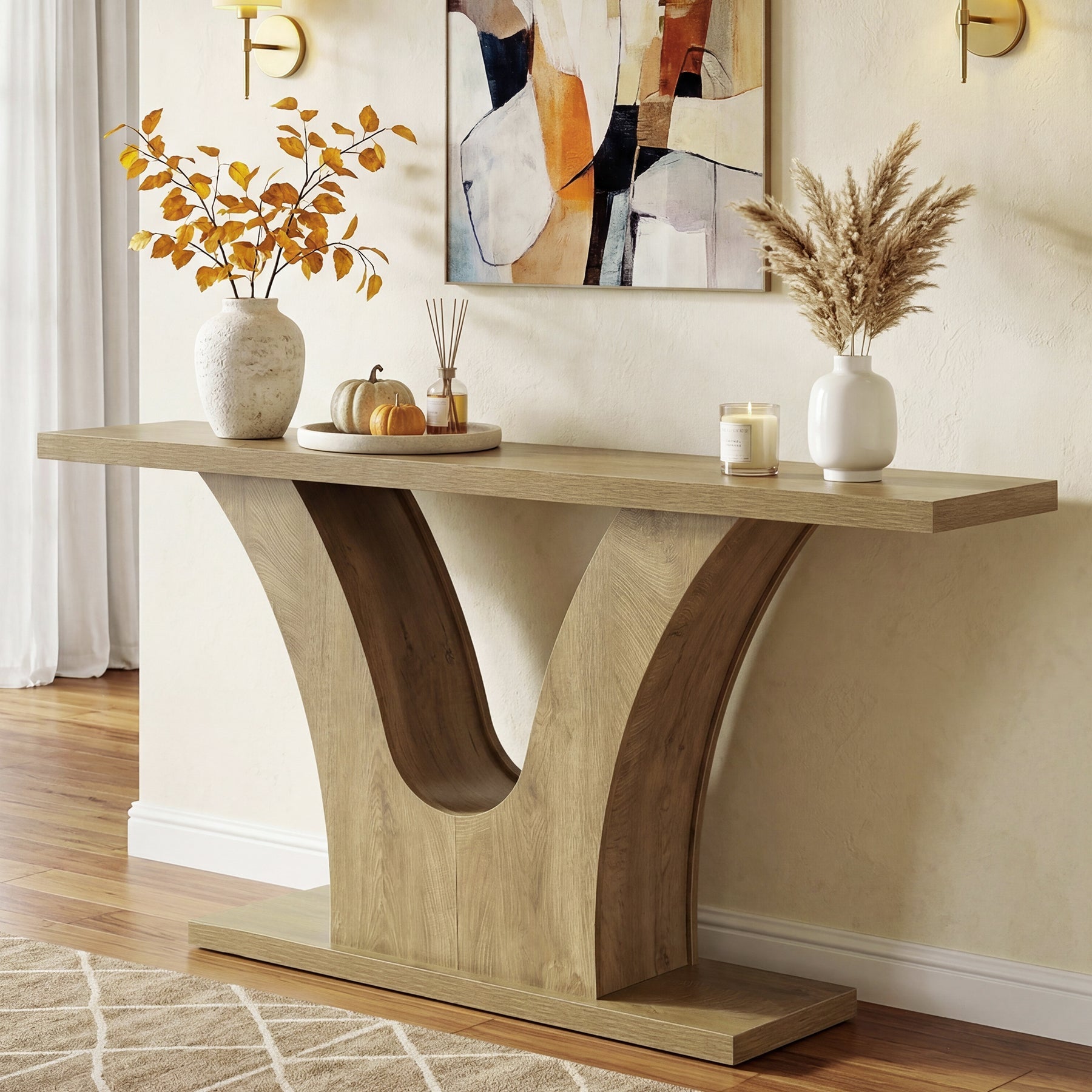 160cm Farmhouse Console Table with 2-Tier Storage, Narrow Sofa Table with Curved U-Shape Base