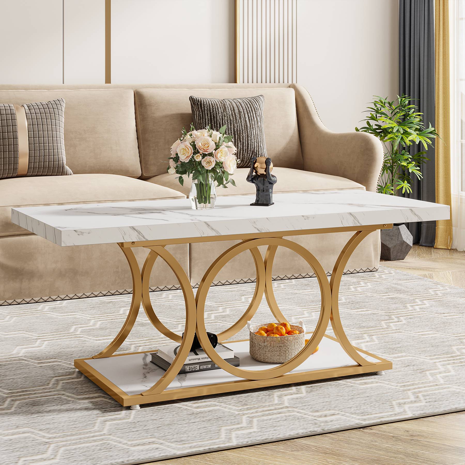 47.24" Rectangle Coffee Table, Center Table with Faux Marble Top