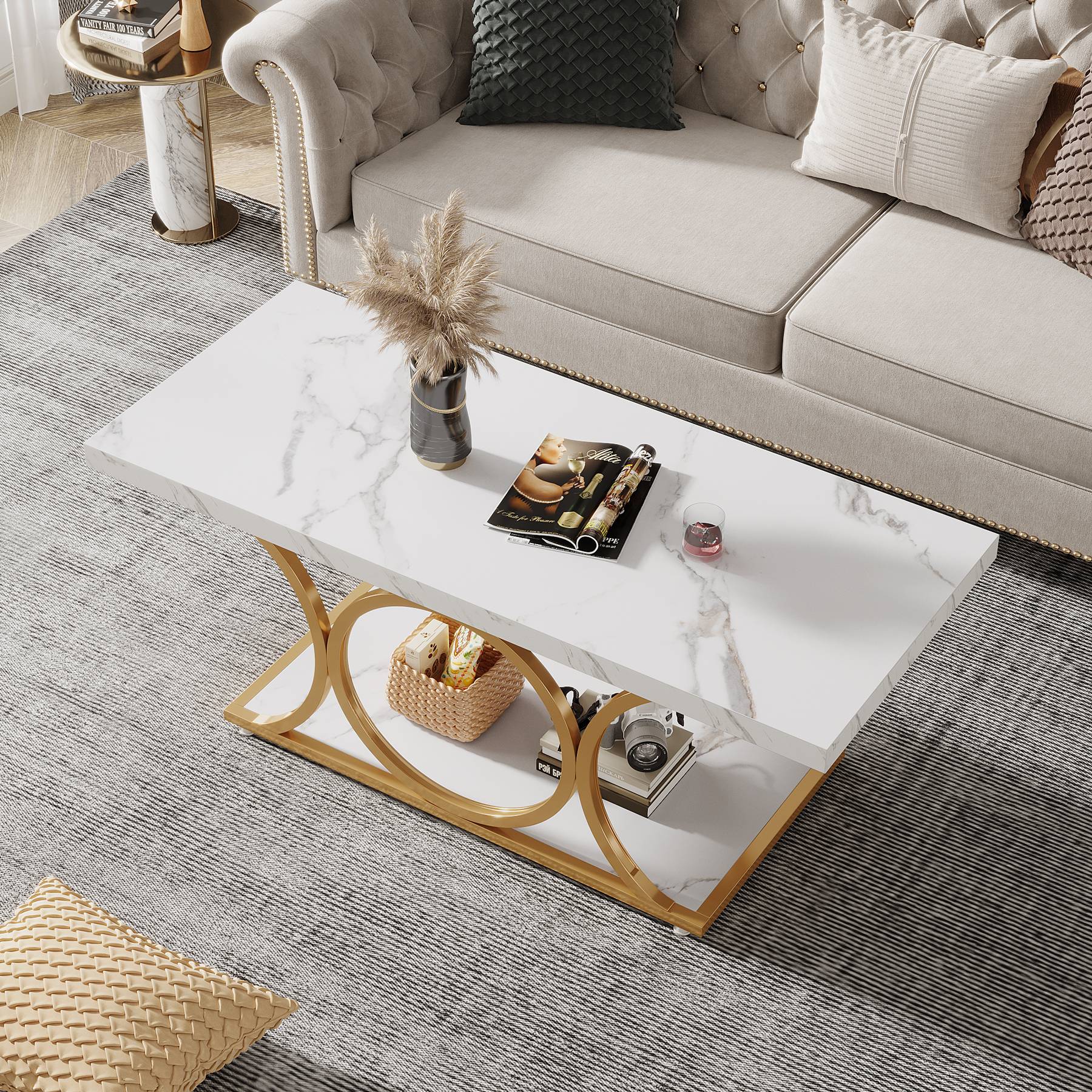 47.24" Rectangle Coffee Table, Center Table with Faux Marble Top