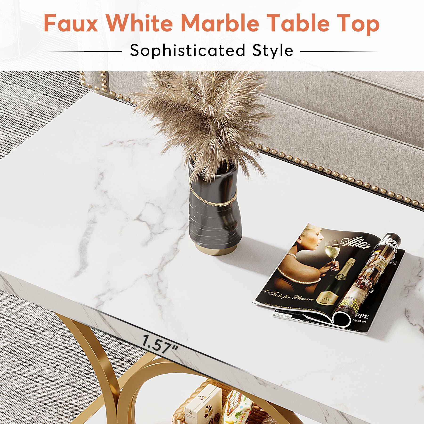 47.24" Rectangle Coffee Table, Center Table with Faux Marble Top