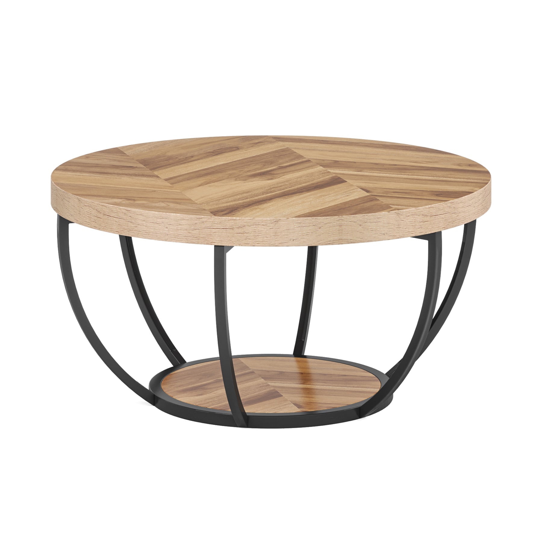 31.69" Round Wooden Coffee Table, 2-Tier Central Cocktail Table with Shelves