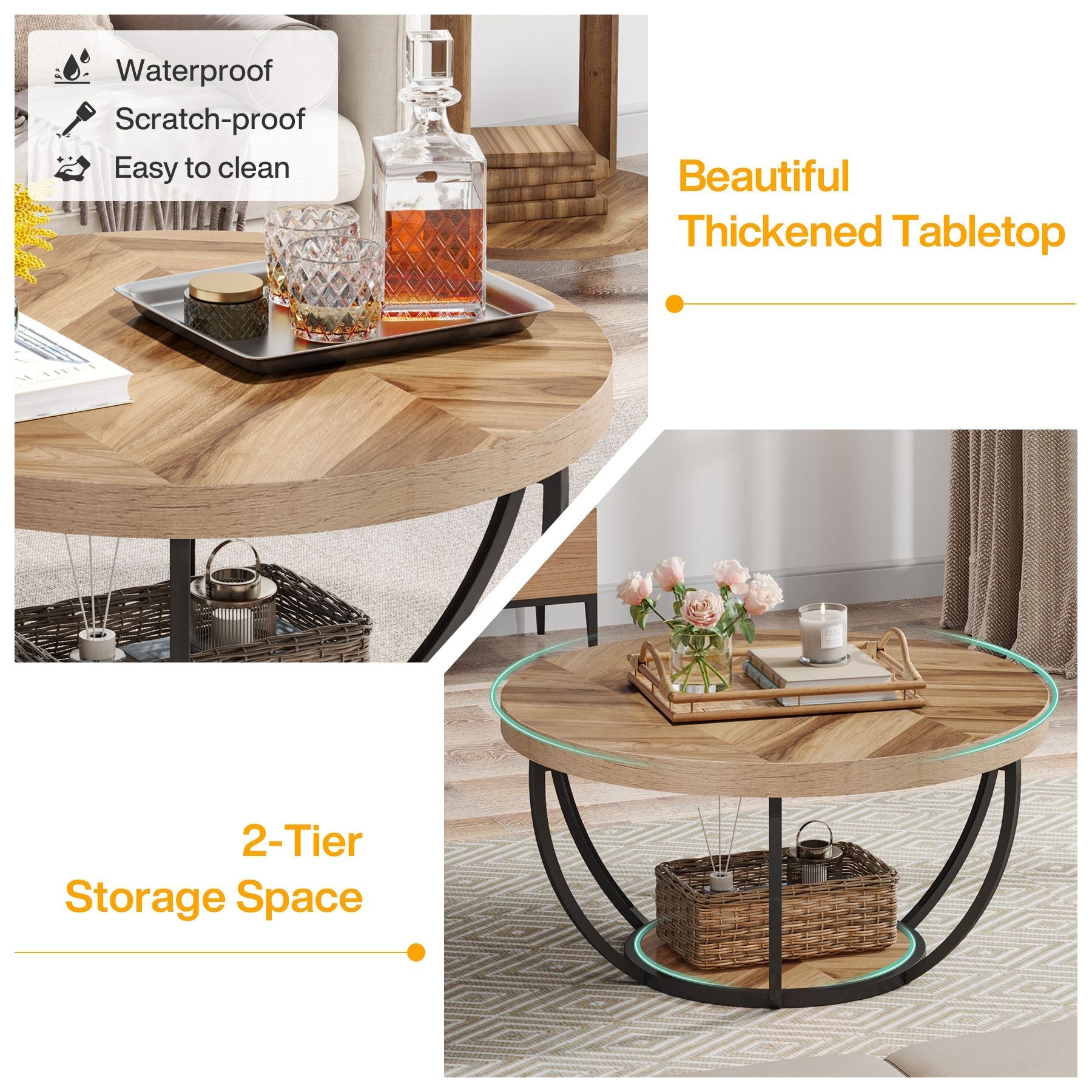31.69" Round Wooden Coffee Table, 2-Tier Central Cocktail Table with Shelves