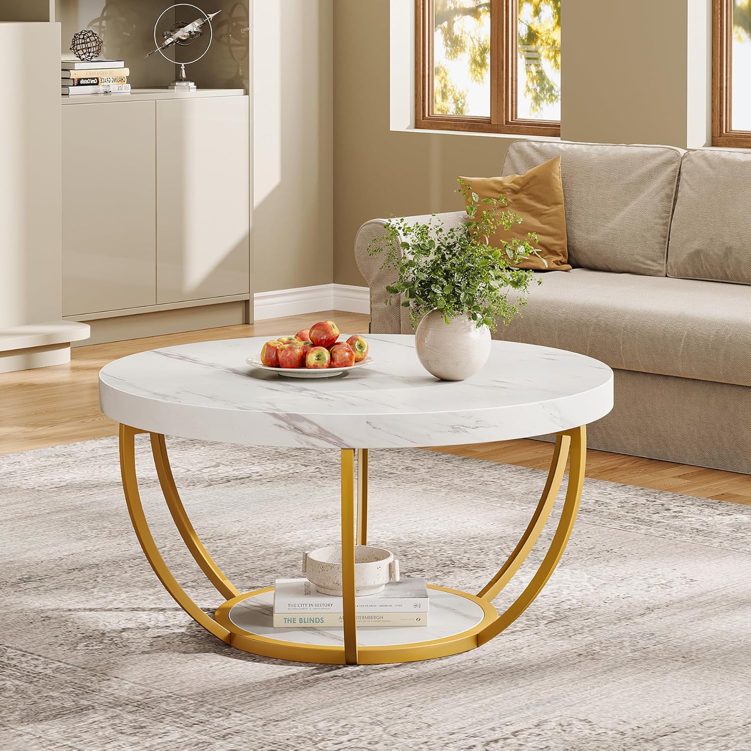 31.69" Round Wooden Coffee Table, 2-Tier Central Cocktail Table with Shelves