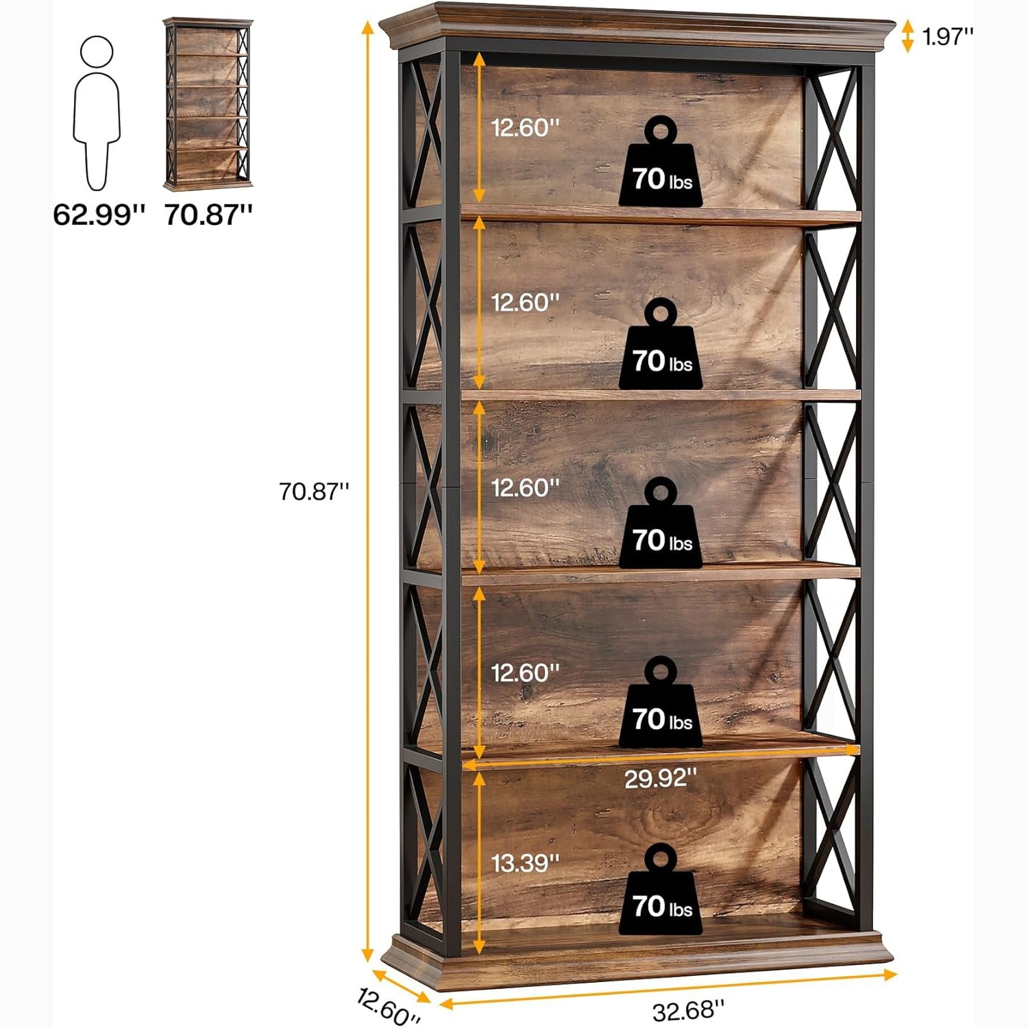 71" Industrial 6-Tier Bookcase - 5-Shelf Floor Standing Storage Unit in Brown & Black