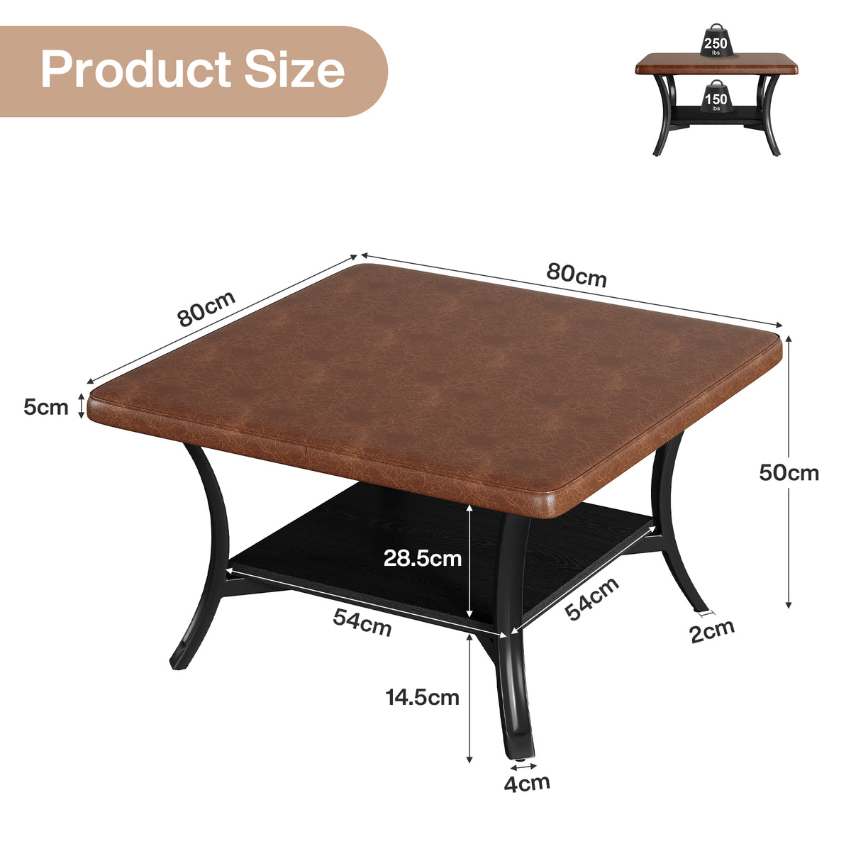 80cm Square Coffee Table, PU Leather Storage Ottoman with Shelf