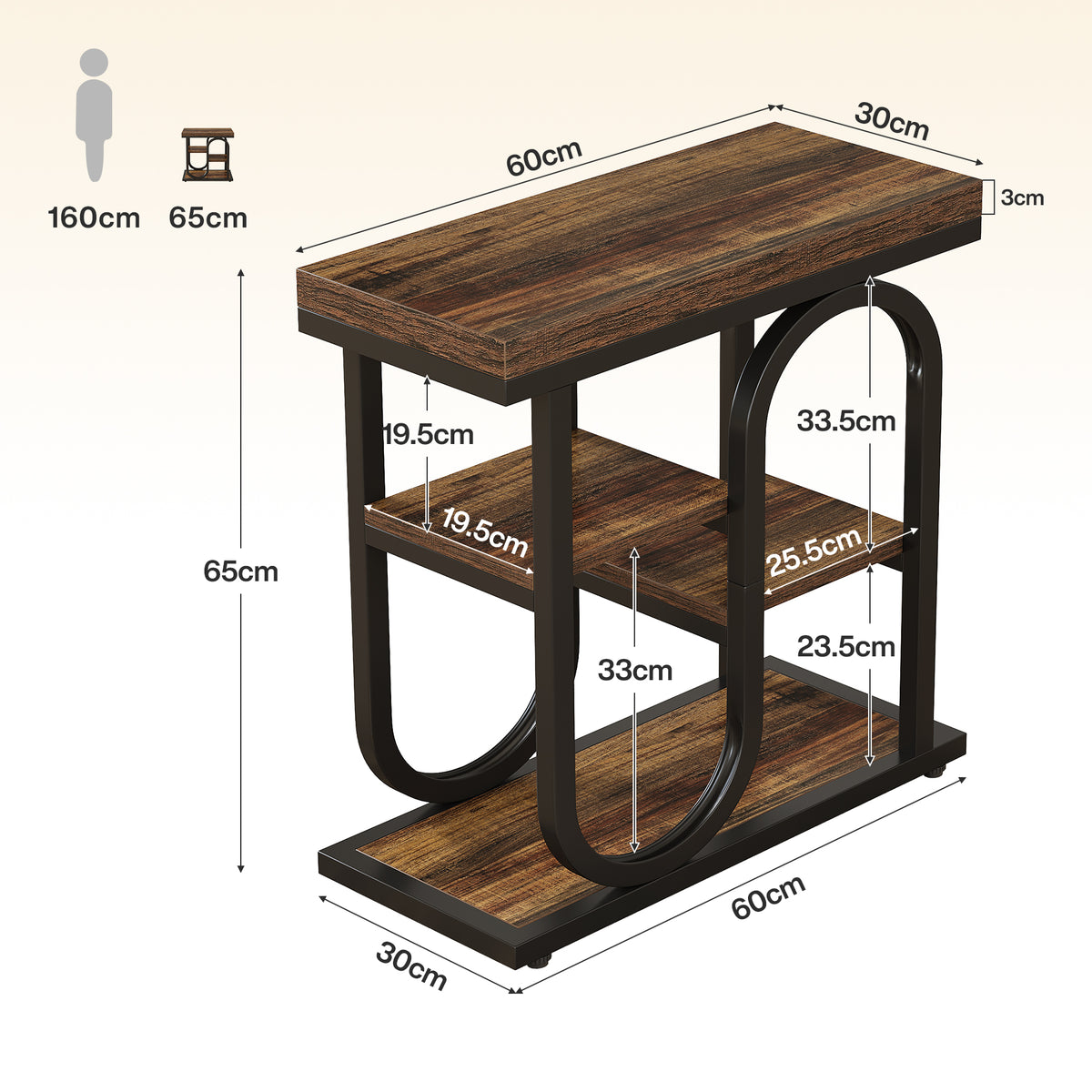 50cm Narrow Side Table, 4-Tier Industrial Nightstand with Metal Frame