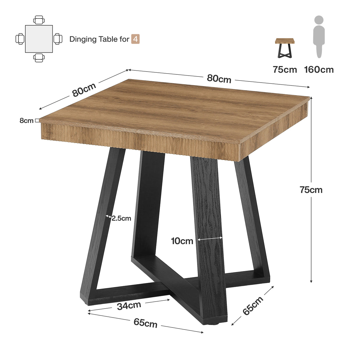 80cm Square Dining Table, Fluted Edge Small Kitchen Table for 4