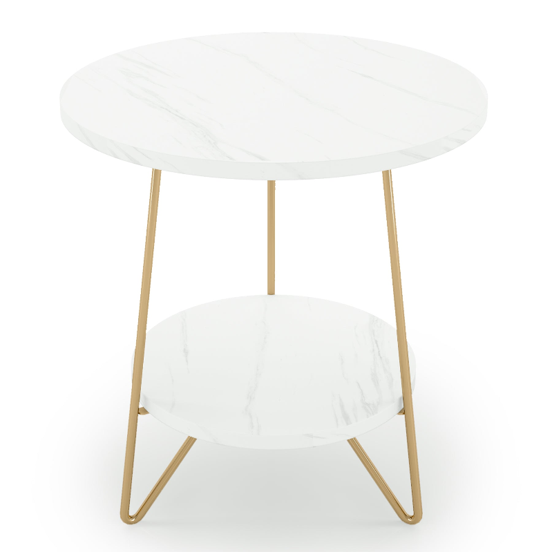 2-Tier Round Side Table, Faux Marble End Table with Shelf for Living Room