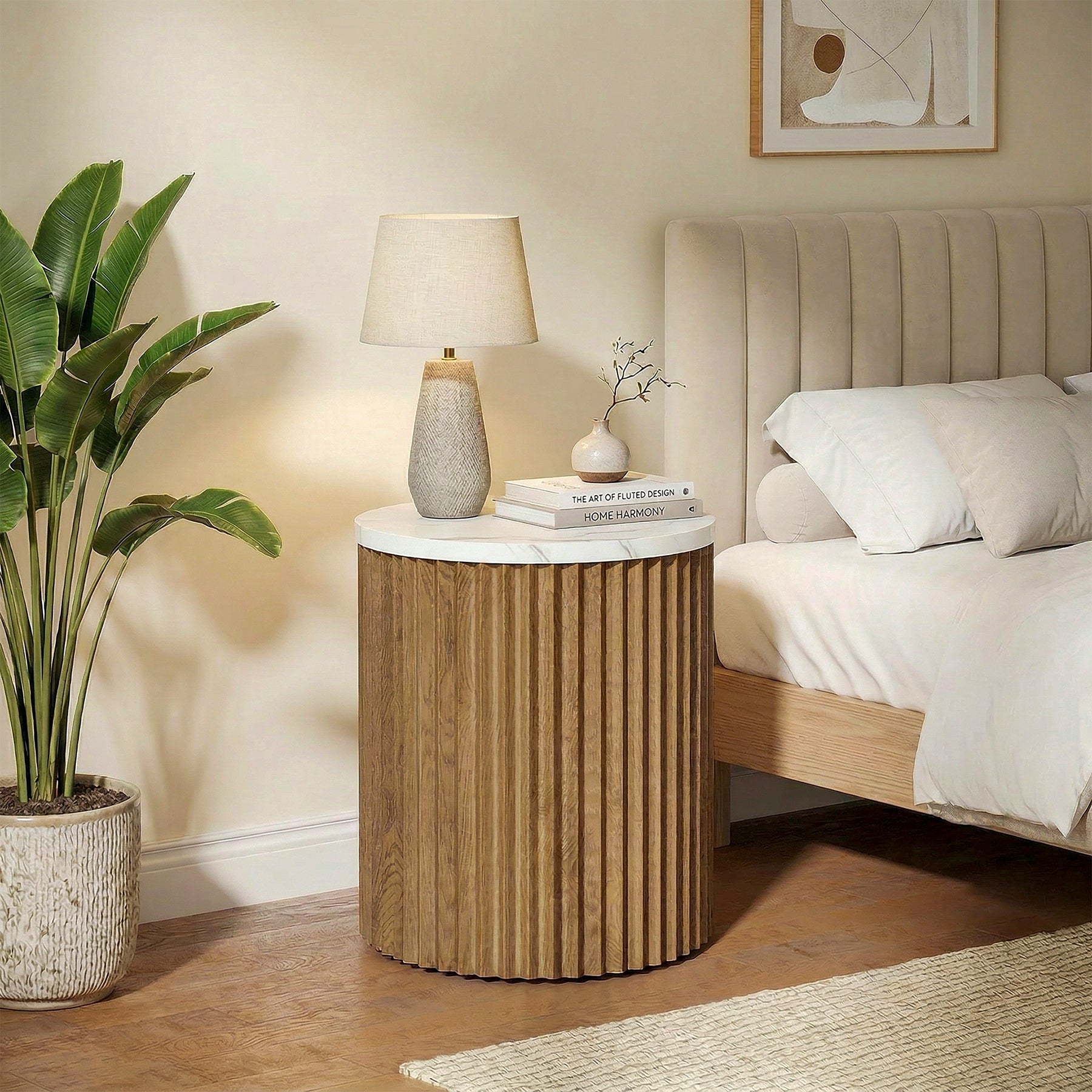 23.6" Round Nightstand, Bedside Table with Faux Marble Tabletop & Fluted Base