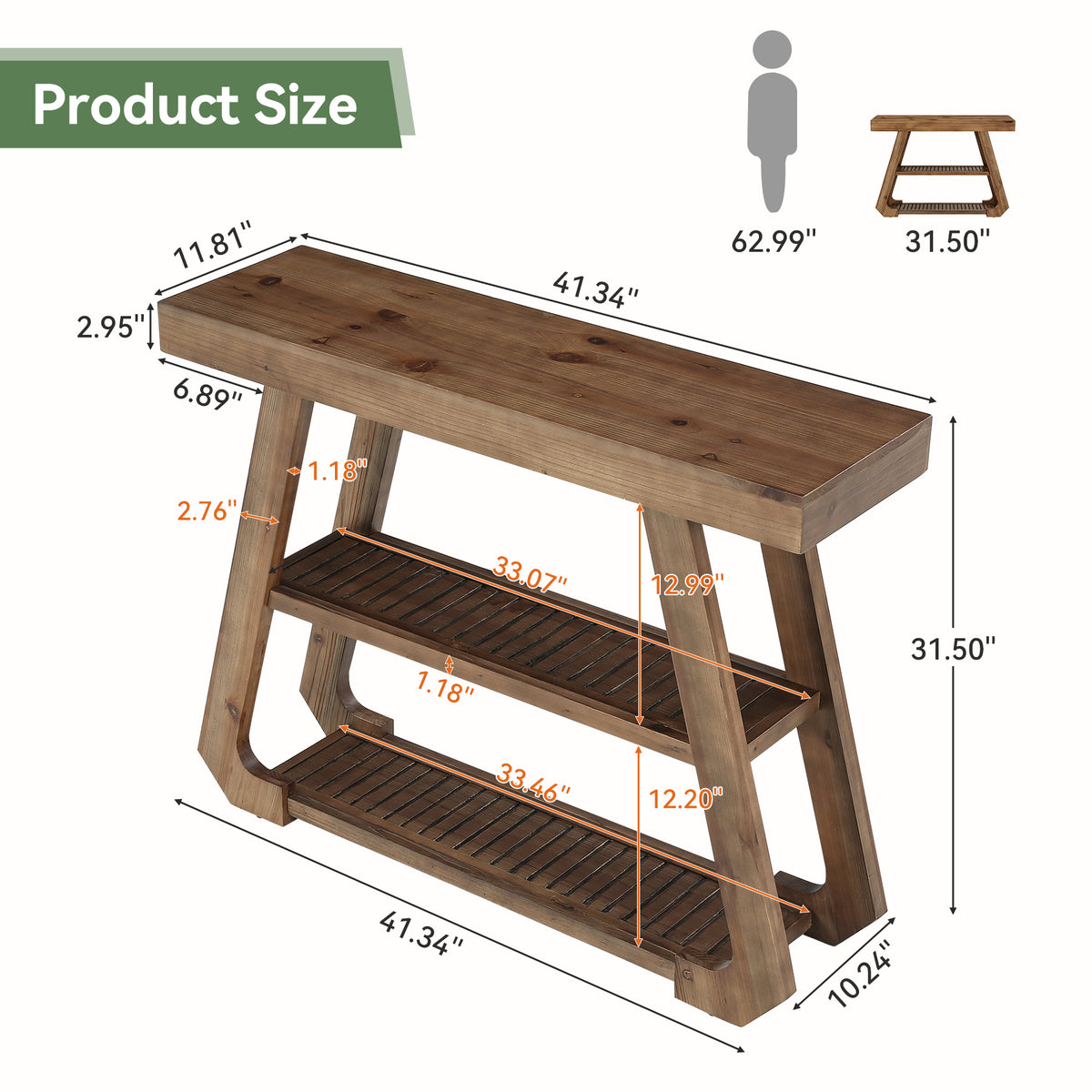 105cm Console Table, Solid Wood 3-Tier Rustic Hallway Table with A-Frame