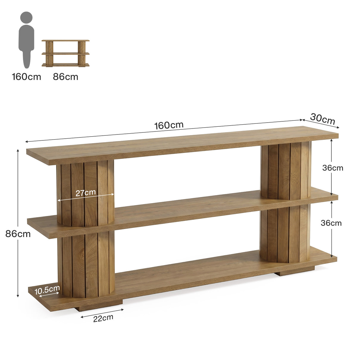 160cm Console Table, 3-Tier Storage Narrow Hallway Table for Living Room Entryway