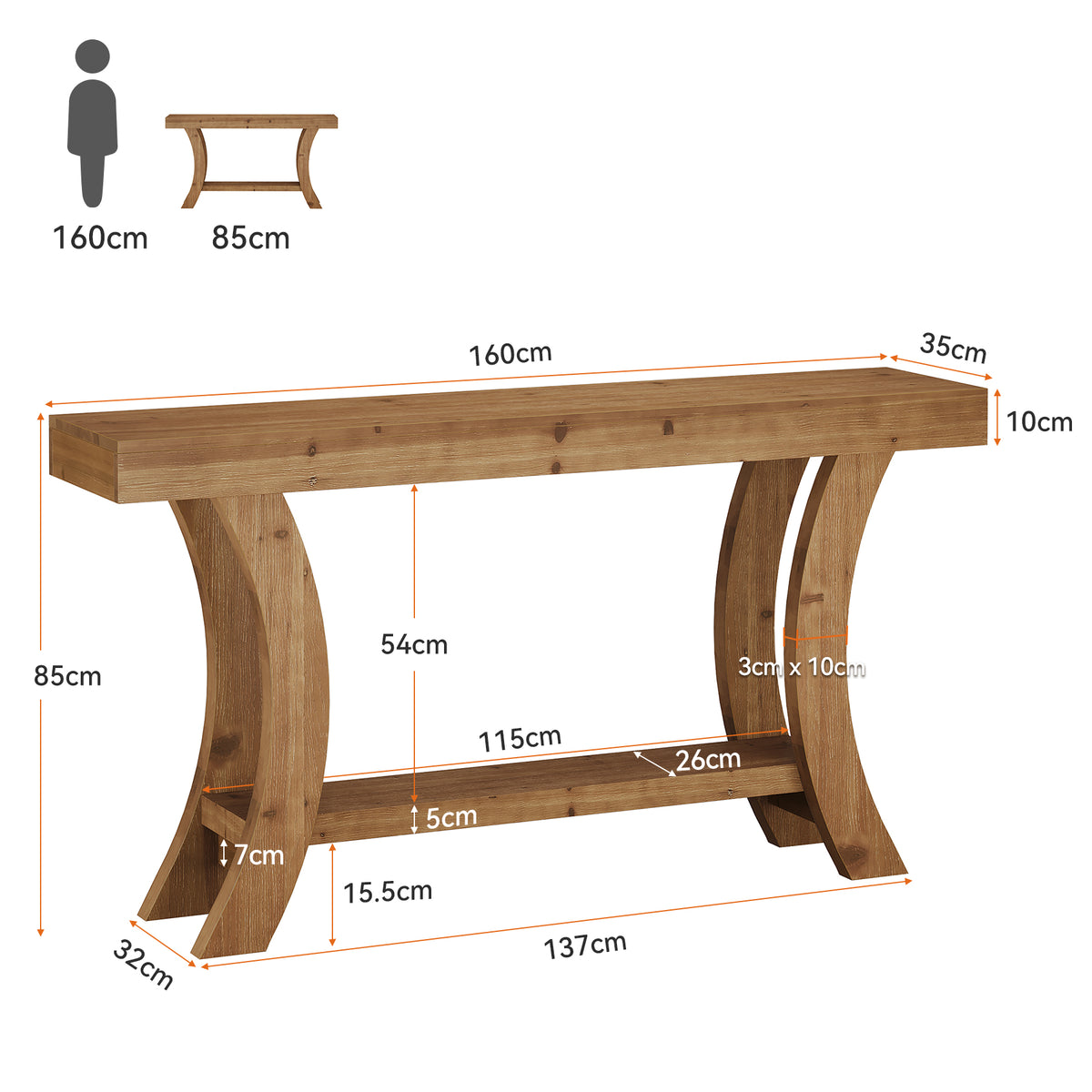 160cm Console Table, Solid Wood Hallway Table with Storage & Arched Frame