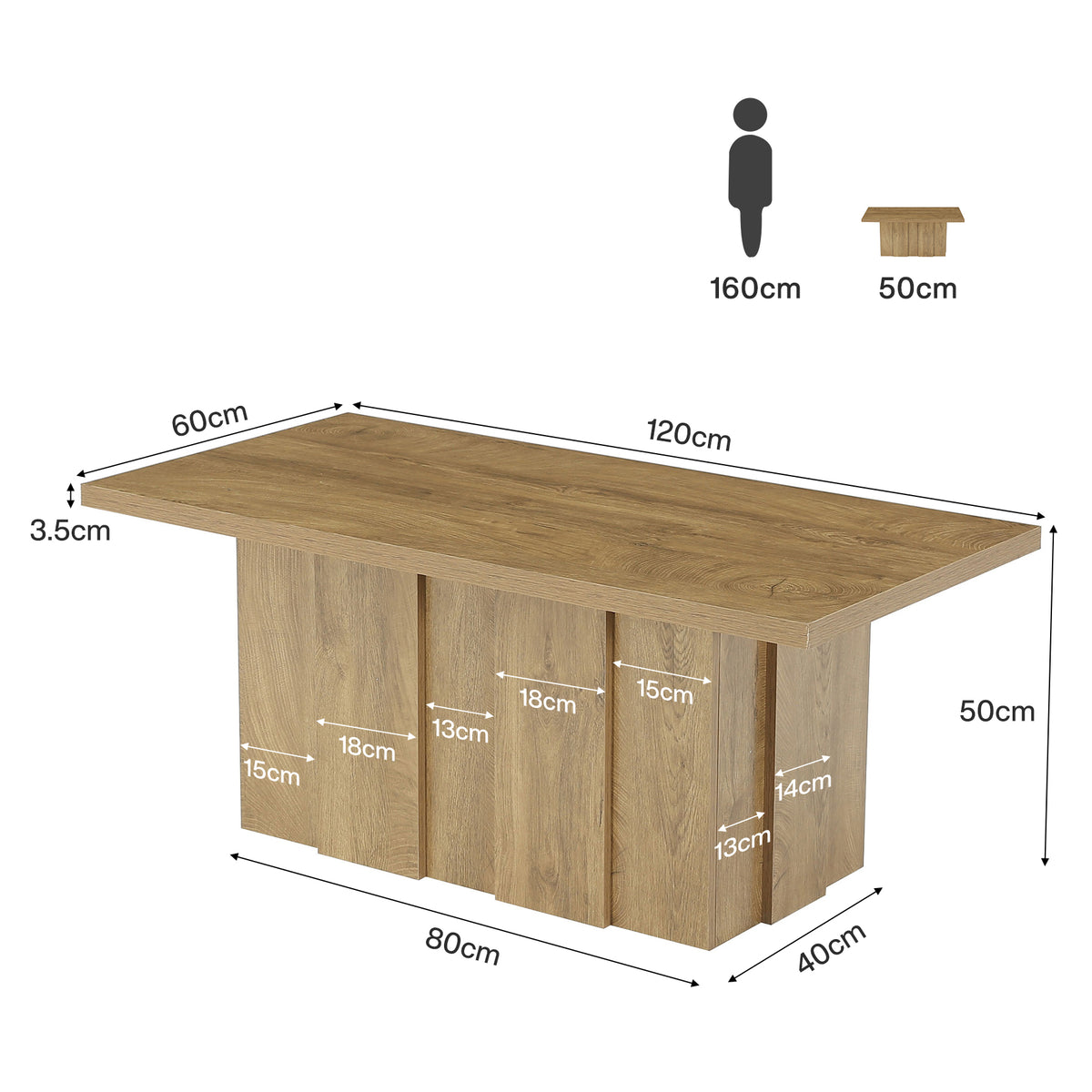 120cm Rectangular Coffee Table, Modern Rustic Ribbed Base for Living Room