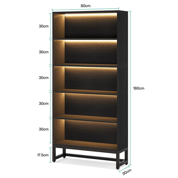 180cm LED Bookshelf, 5-Tier Black Storage Cabinet