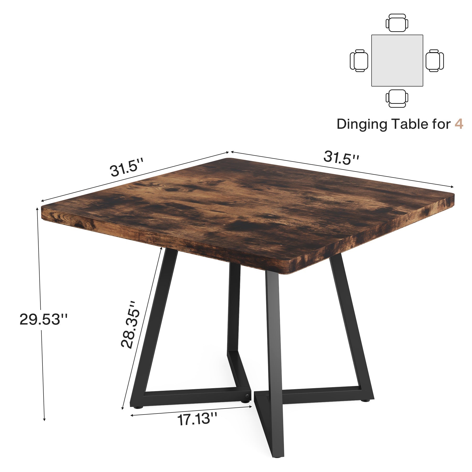 31.5" Square Dining Table, Wood Kitchen Table with Metal Legs for 4