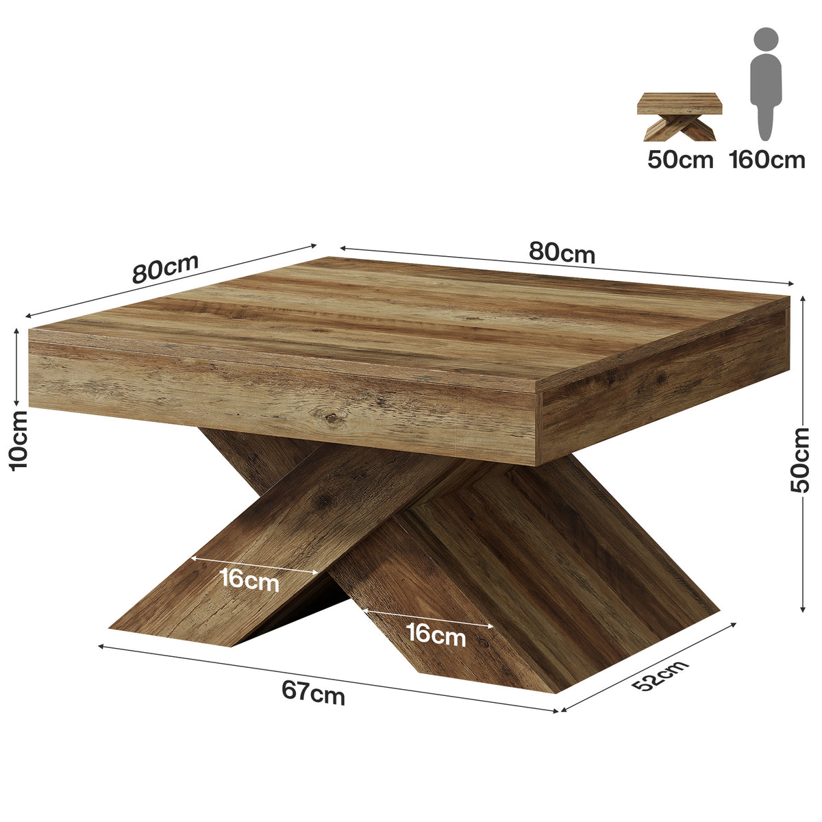 80cm Square Coffee Table, Farmhouse Wooden X-Legs for Living Room