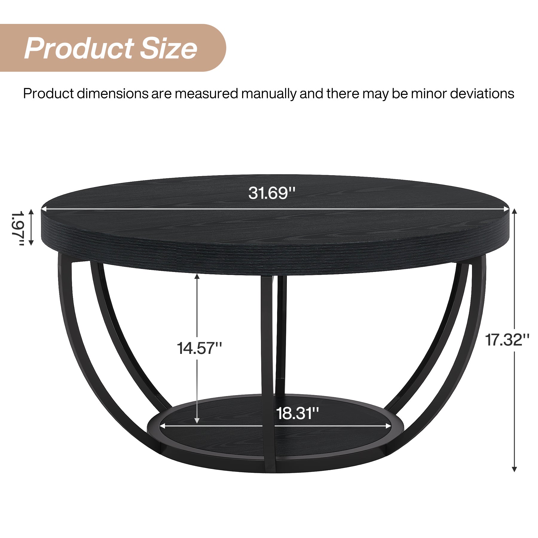 31.69" Round Wooden Coffee Table, 2-Tier Central Cocktail Table with Shelves