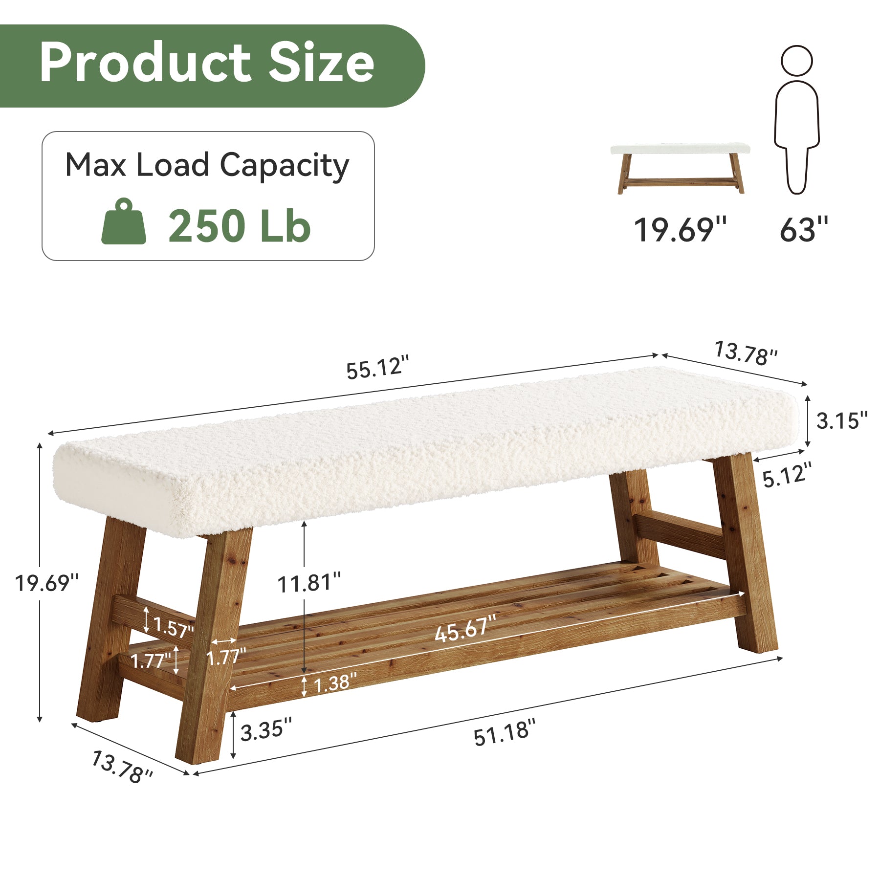 140cm Upholstered Dining Bench, 2-Tier Solid Wood Kitchen Table Bench with Cushion