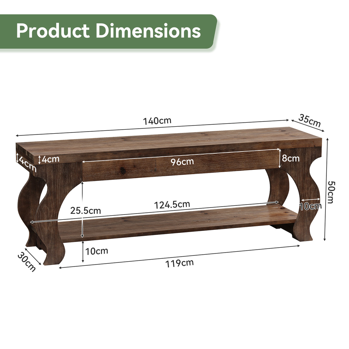 140cm Entryway Bench, Solid Wood 2-Tier Farmhouse Storage Shelf