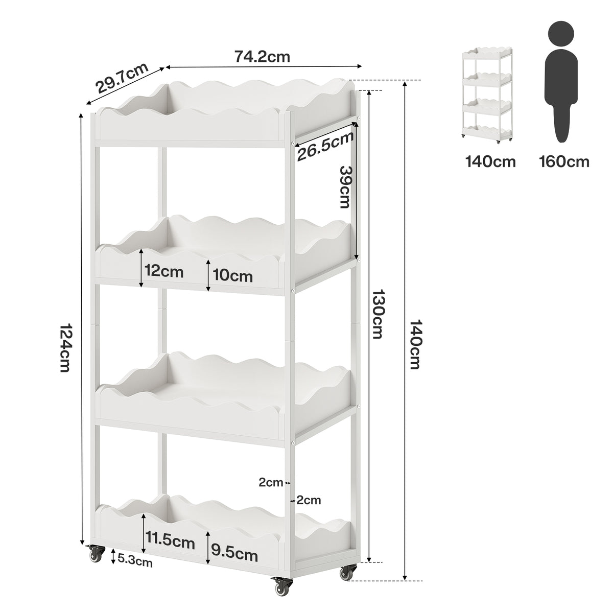 140cm 4-Tier Kitchen Trolley, Fruit & Veg Storage Rack with Wheels for Kitchen