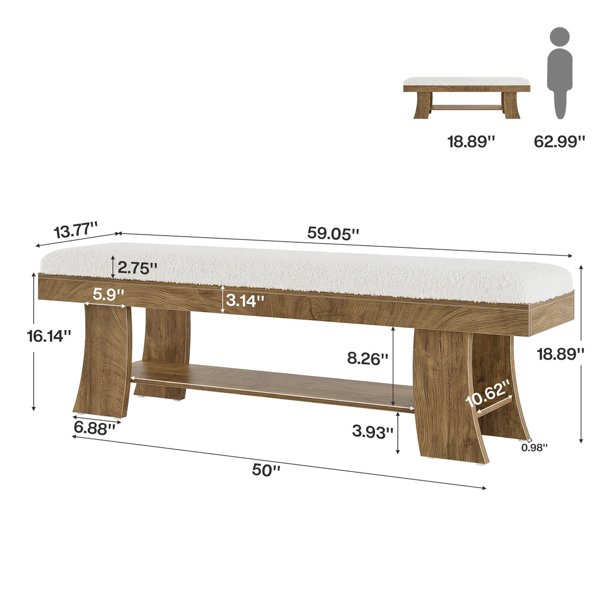 150cm Entryway Bench, Upholstered Shoe Bench with Cushion & Storage Shelf for Hallway