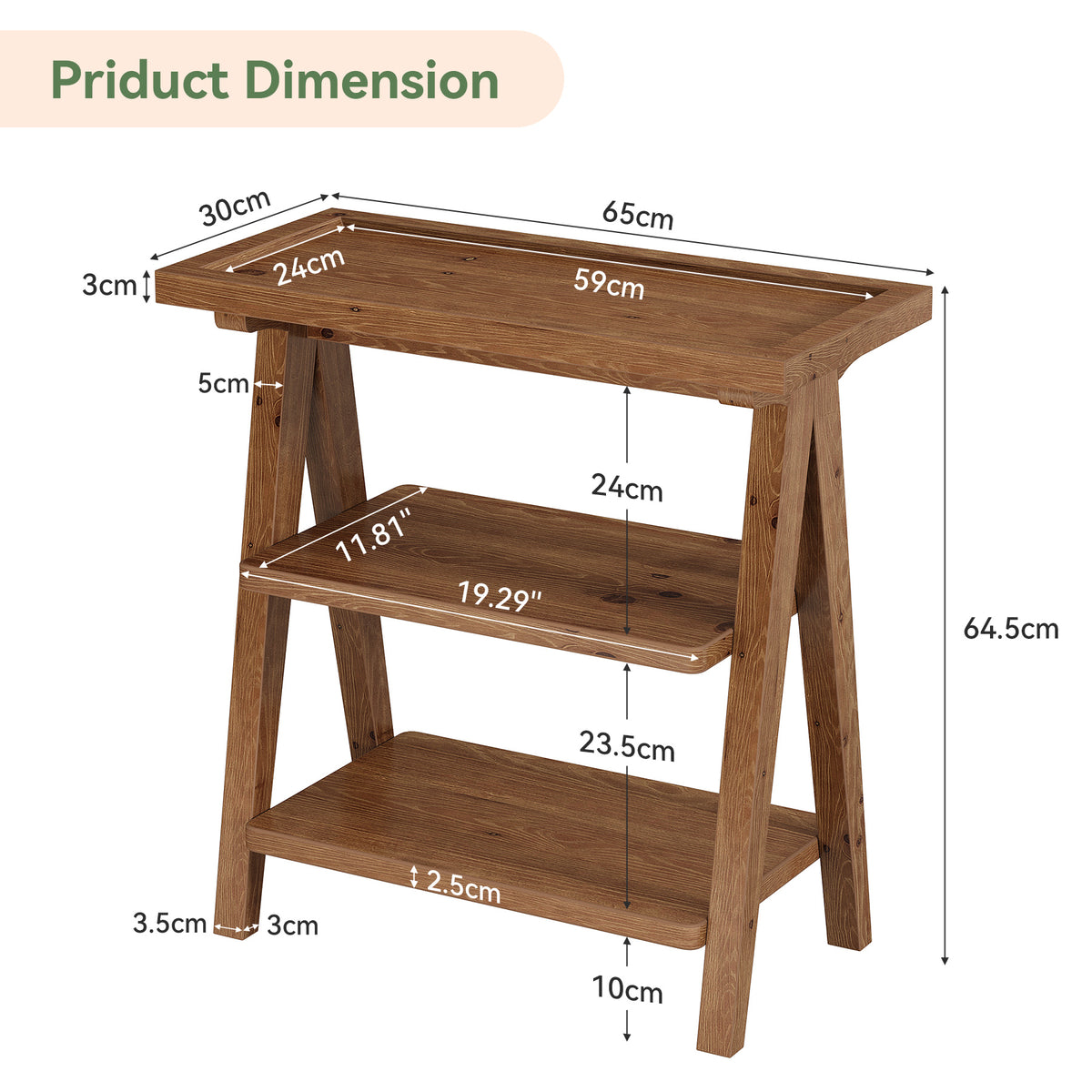 65cm Narrow Side Table, 3-Tier Solid Wood for Living Room