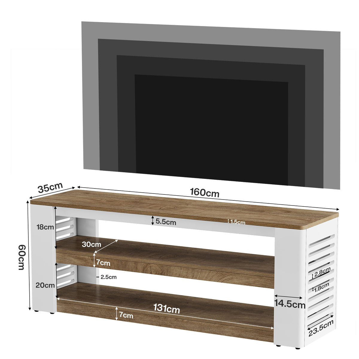 160cm TV Stand, 3-Tier Storage Cabinet for TVs up to 75"