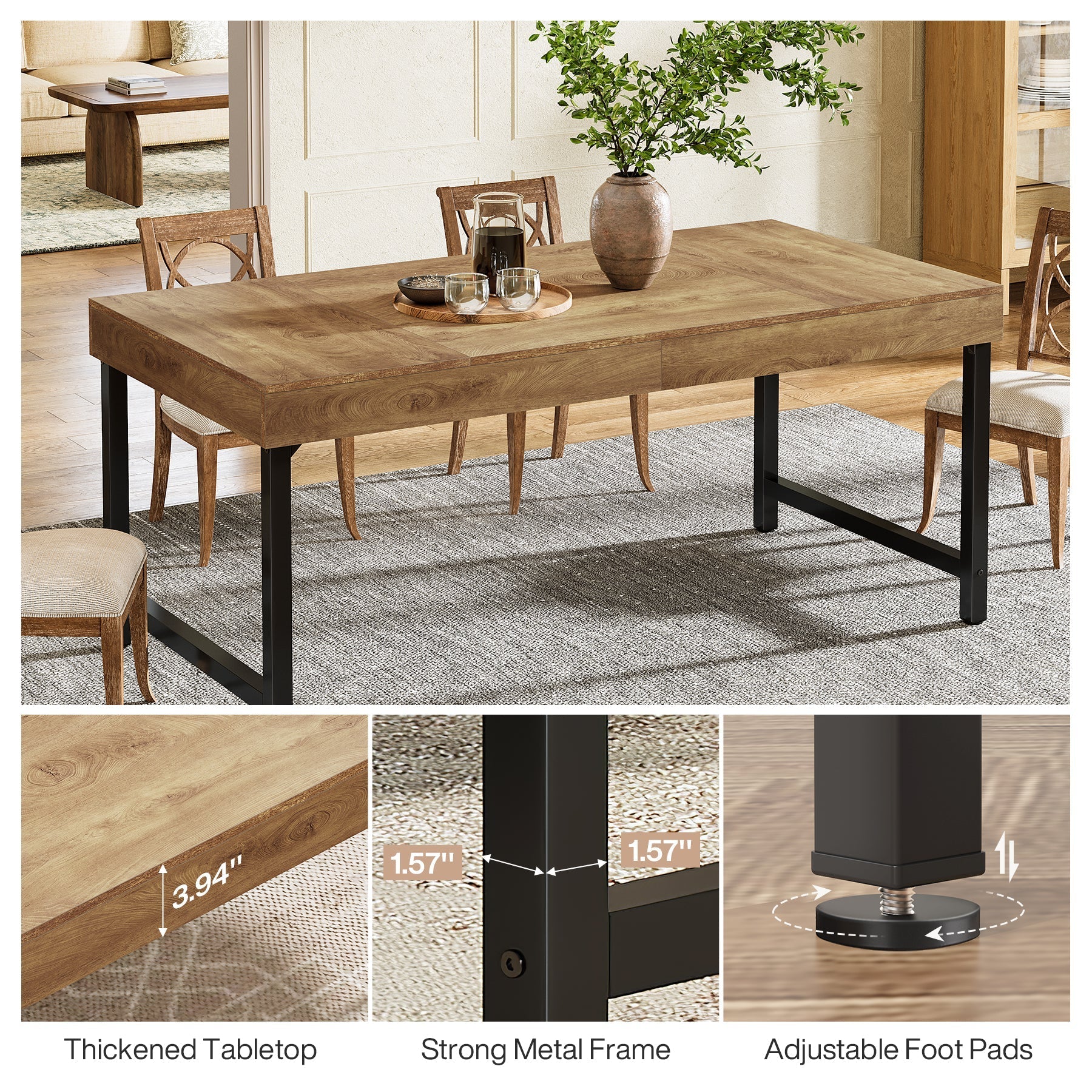 Farmhouse Dining Table, 55" Rectangular Kitchen Dinner Table for 4 - 6 People Tribesigns