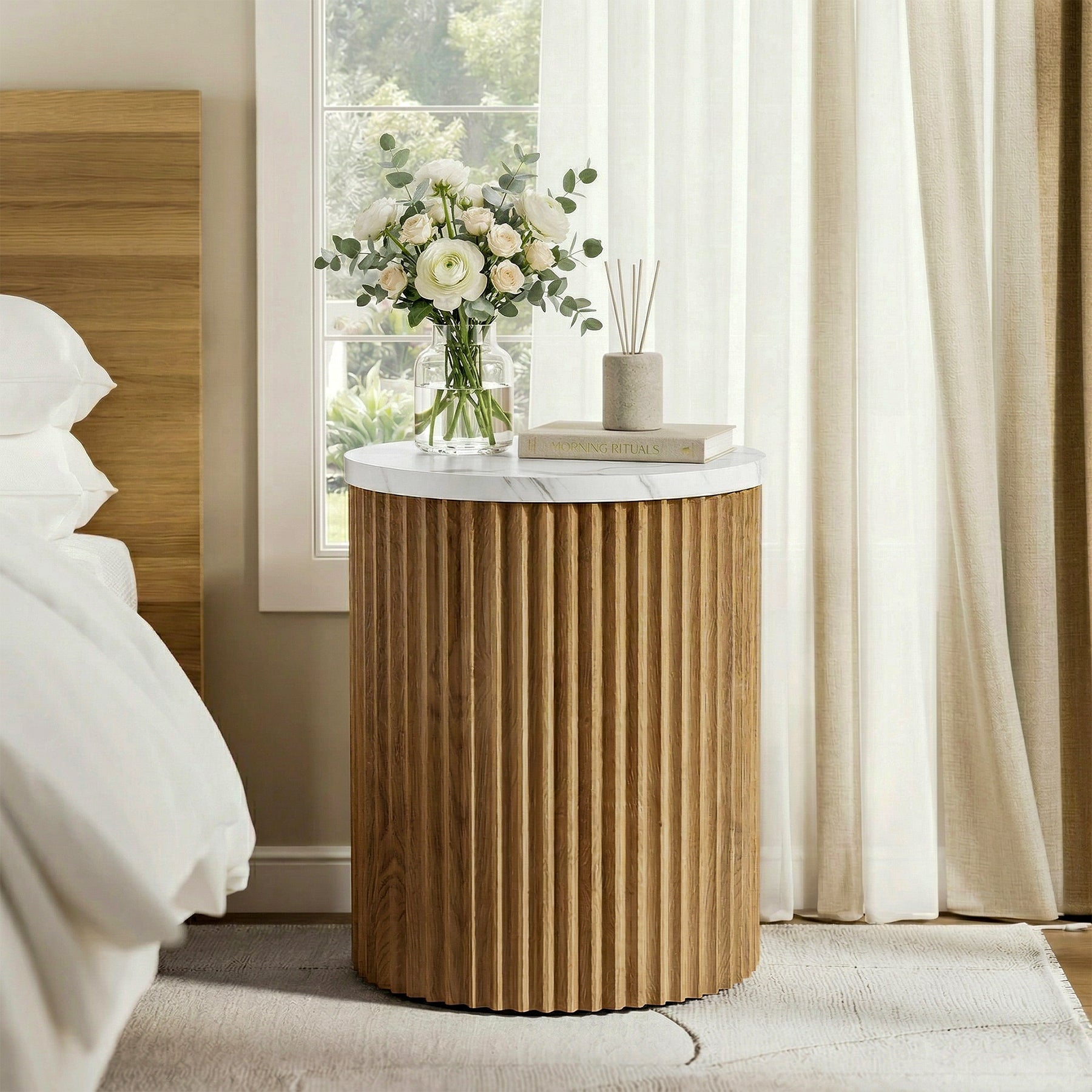 23.6" Round Nightstand, Bedside Table with Faux Marble Tabletop & Fluted Base