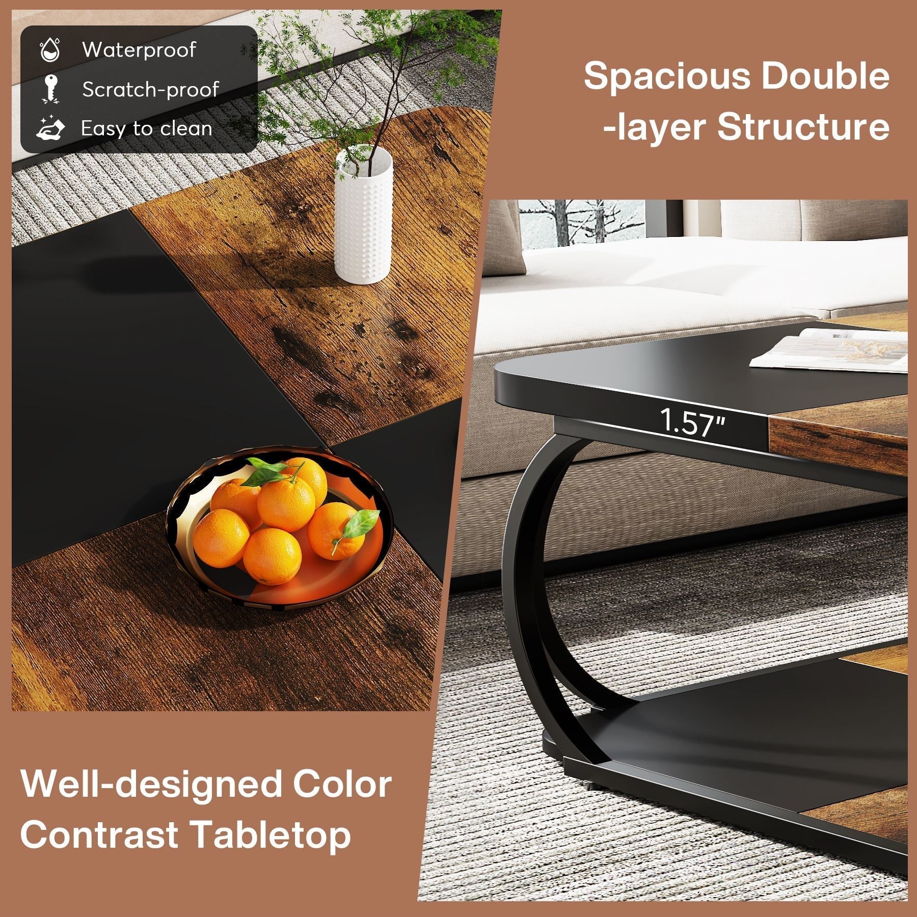 39" Square Coffee Table , Modern Central Cocktail Table with 2-Tier Storage for Living Room