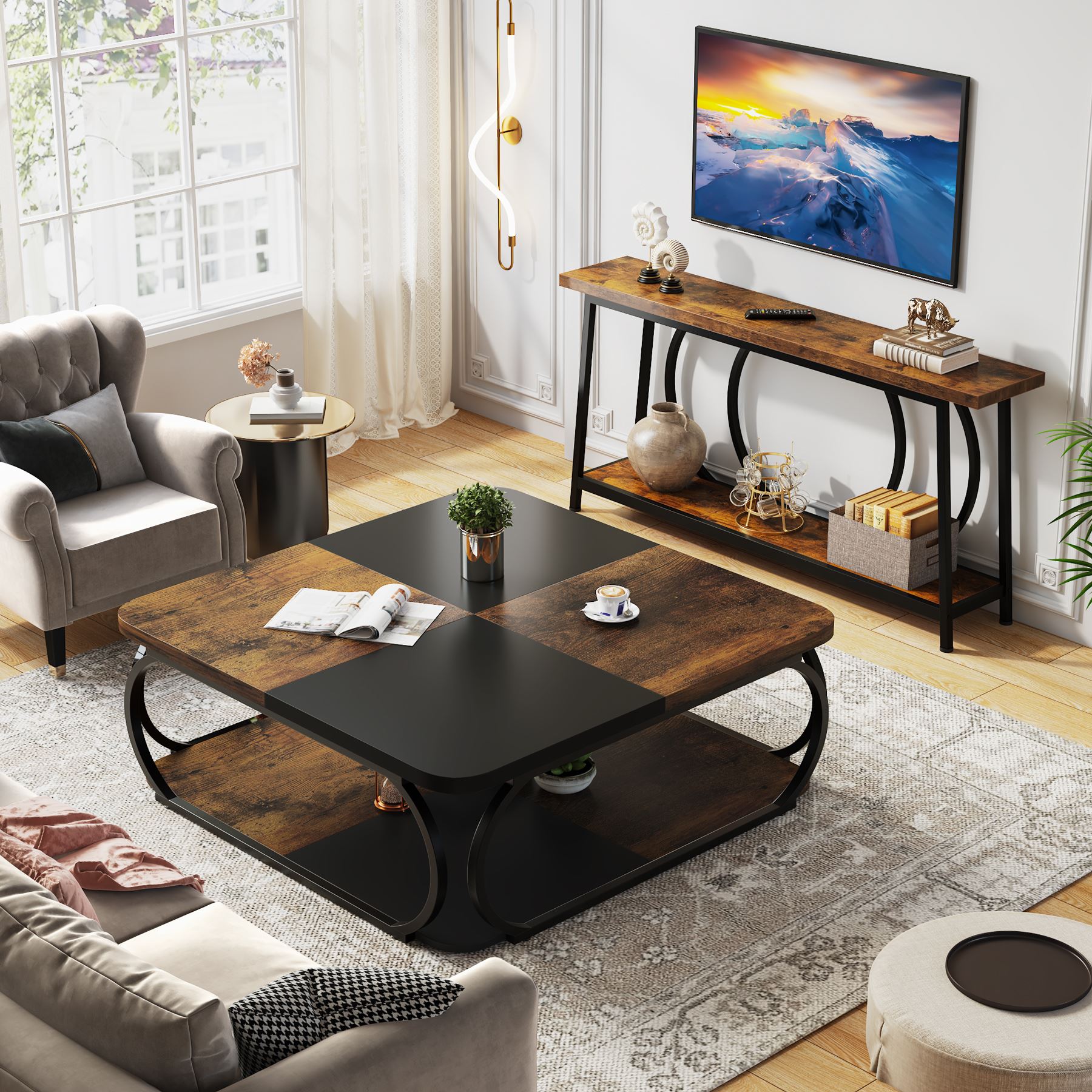 39" Square Coffee Table , Modern Central Cocktail Table with 2-Tier Storage for Living Room