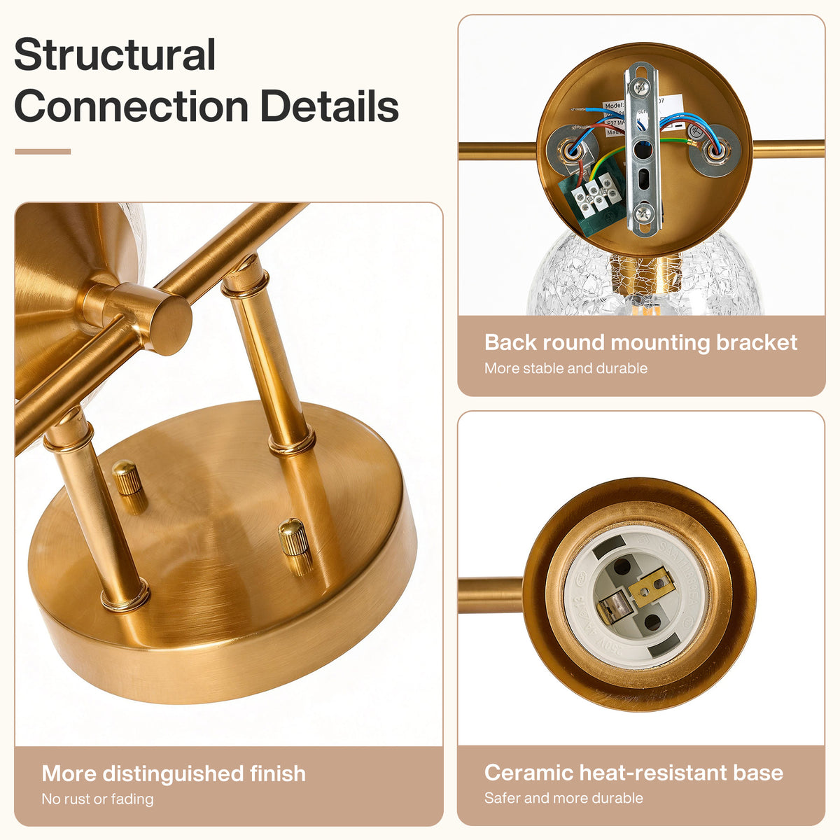Tribesigns Gold-coloured 3-light bathroom wall light with crackled glass globes