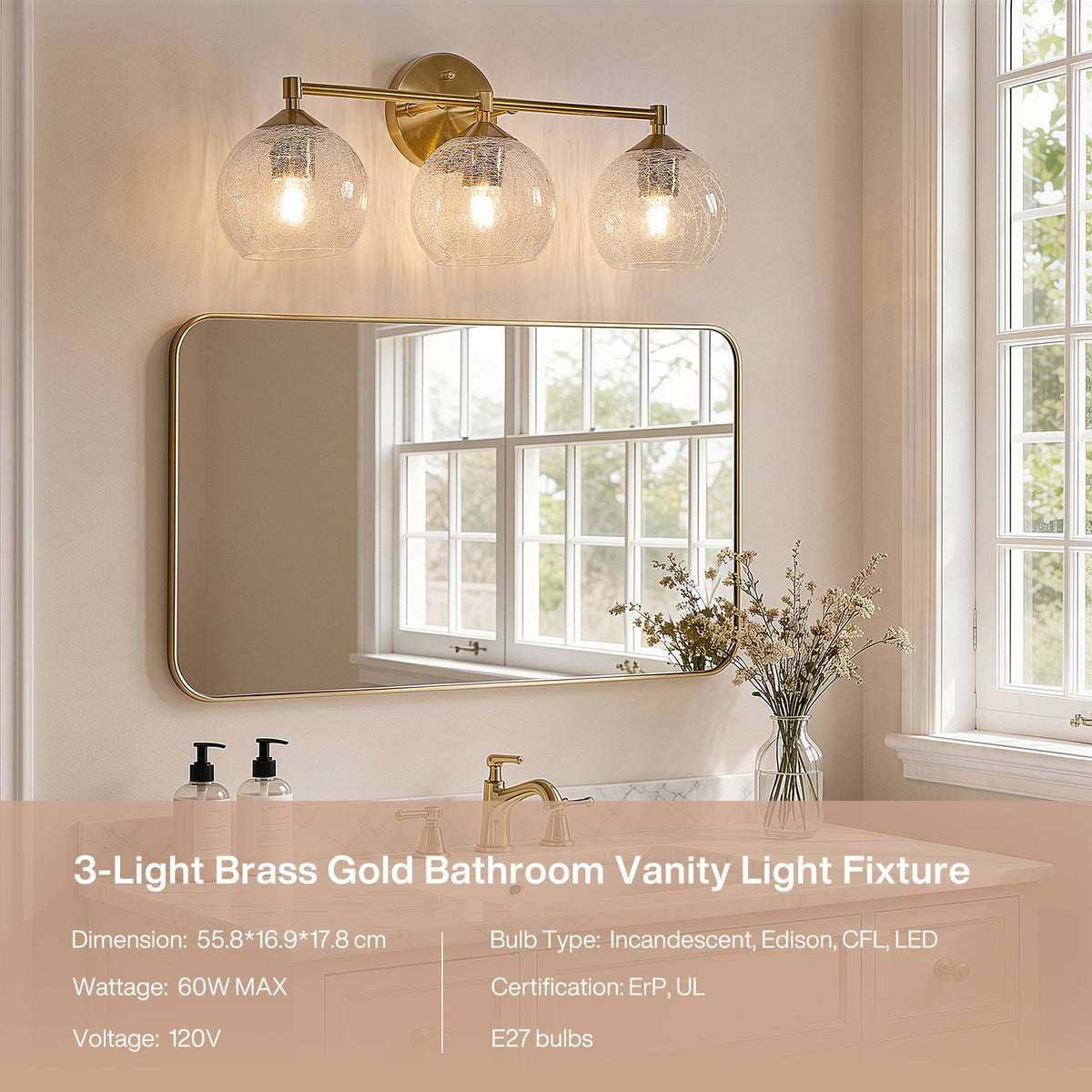Tribesigns Gold-coloured 3-light bathroom wall light with crackled glass globes