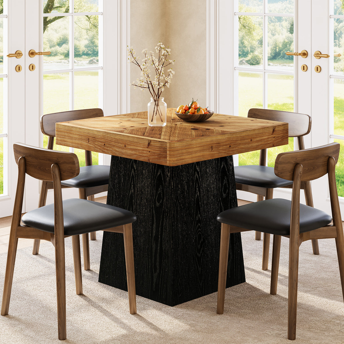 80cm Square Dining Table, Industrial Solid Wood Kitchen Table with Parquet Top & Tapered Base
