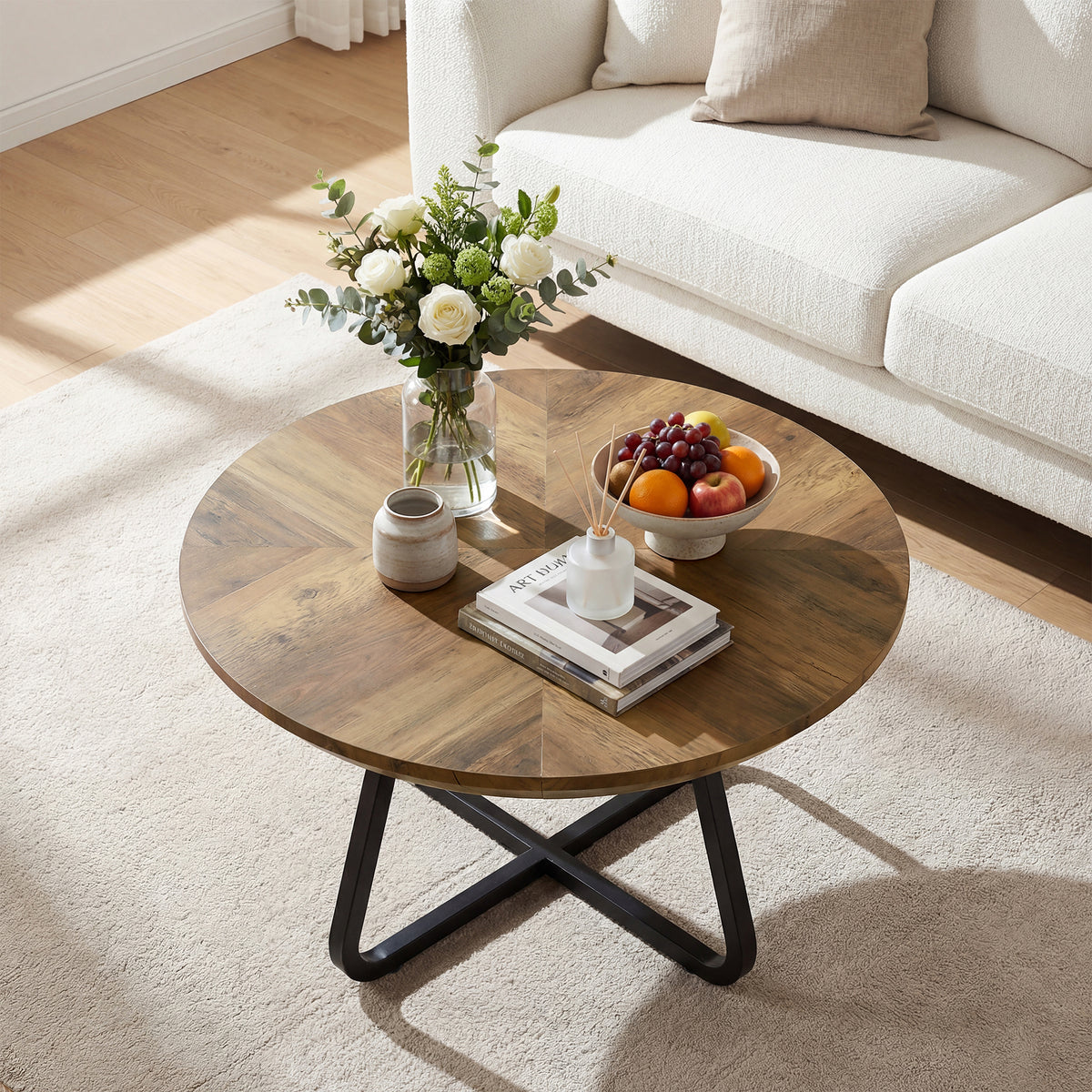 Tribesigns 80cm round coffee table, industrial-style centre table with metal legs
