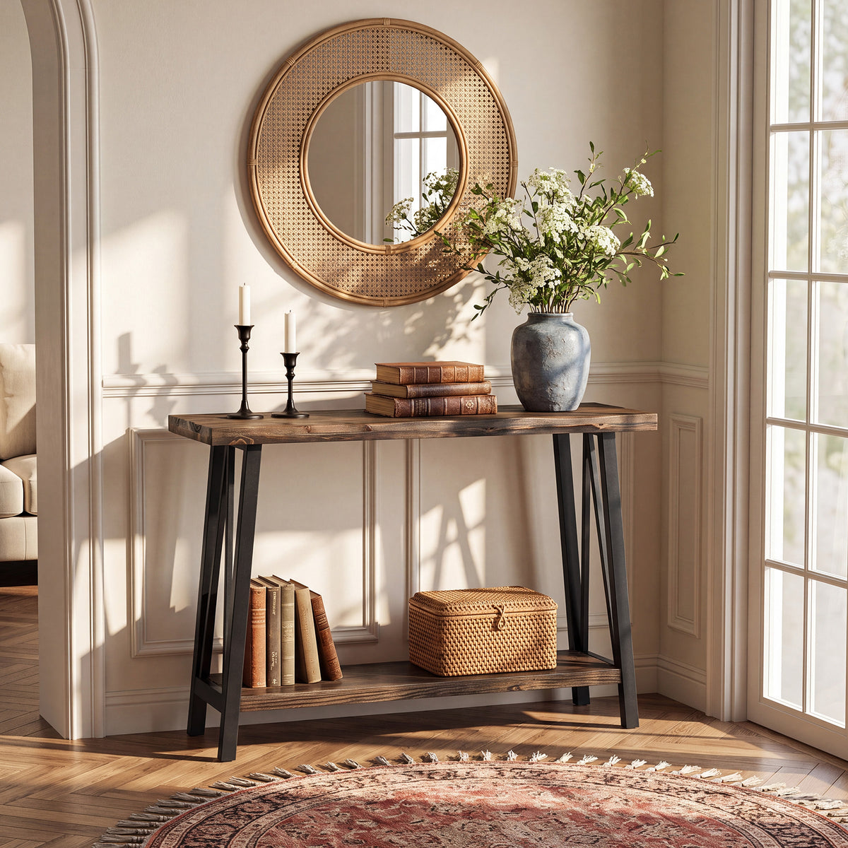 160cm Console Table, Industrial 2-Tier Live Edge Wood Top & Metal Frame for Hallway