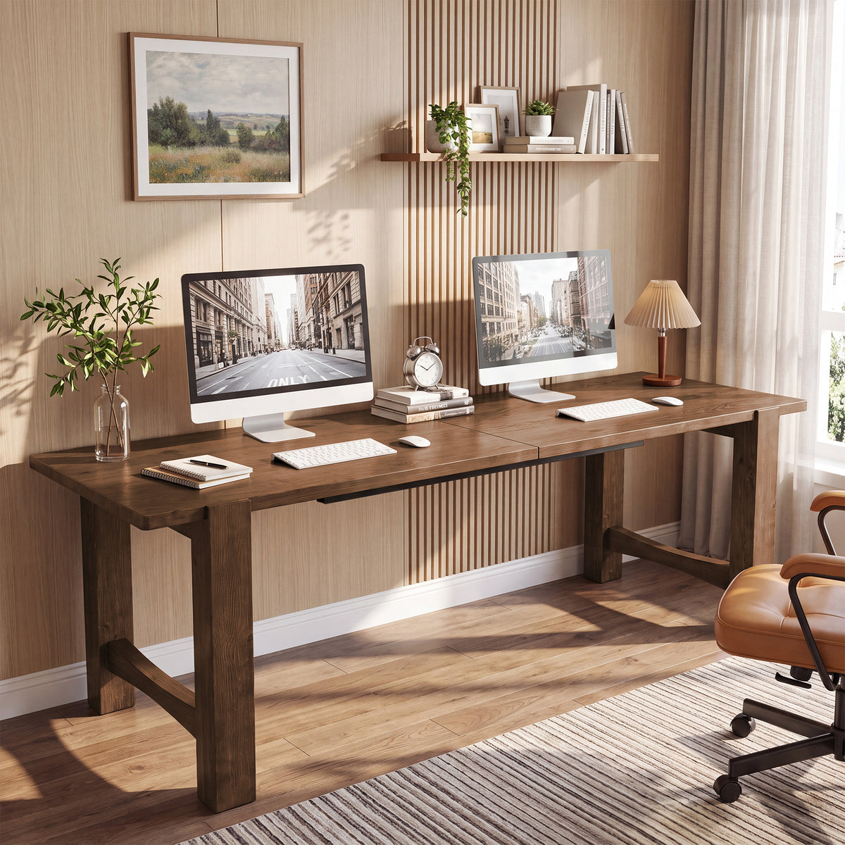 200cm 2-Person Computer Desk, Farmhouse Solid Wood with Thick Legs for Home Office