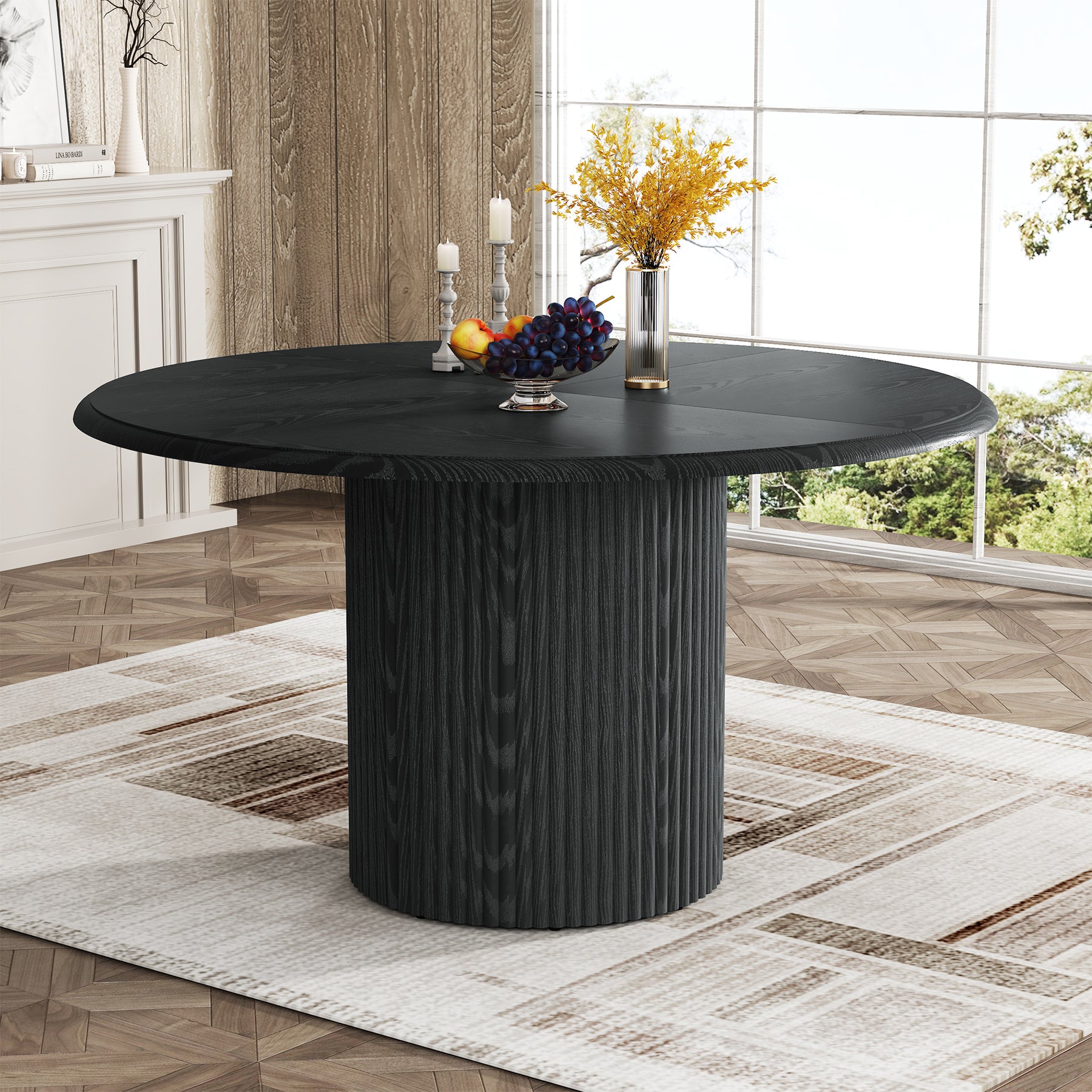 47.24" Round Dining Table, Farmhouse Kitchen Table with Metal Base for 4