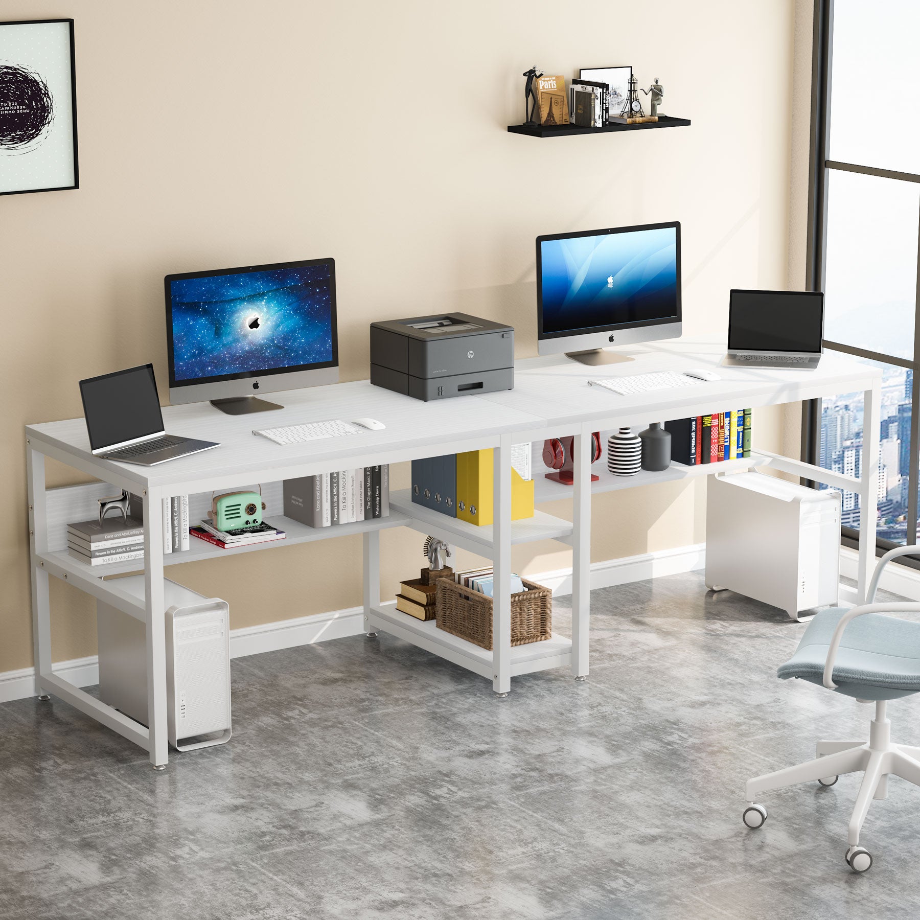 78.7 " Two Person Computer Desk with Bookshelf, Rustic Writing Desk Workstation with Shelf for Home Office