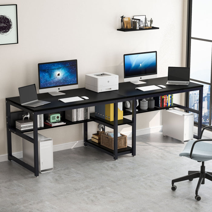 200cm Computer Desk, Rustic Double Desk with Shelves for 2 People Home Office