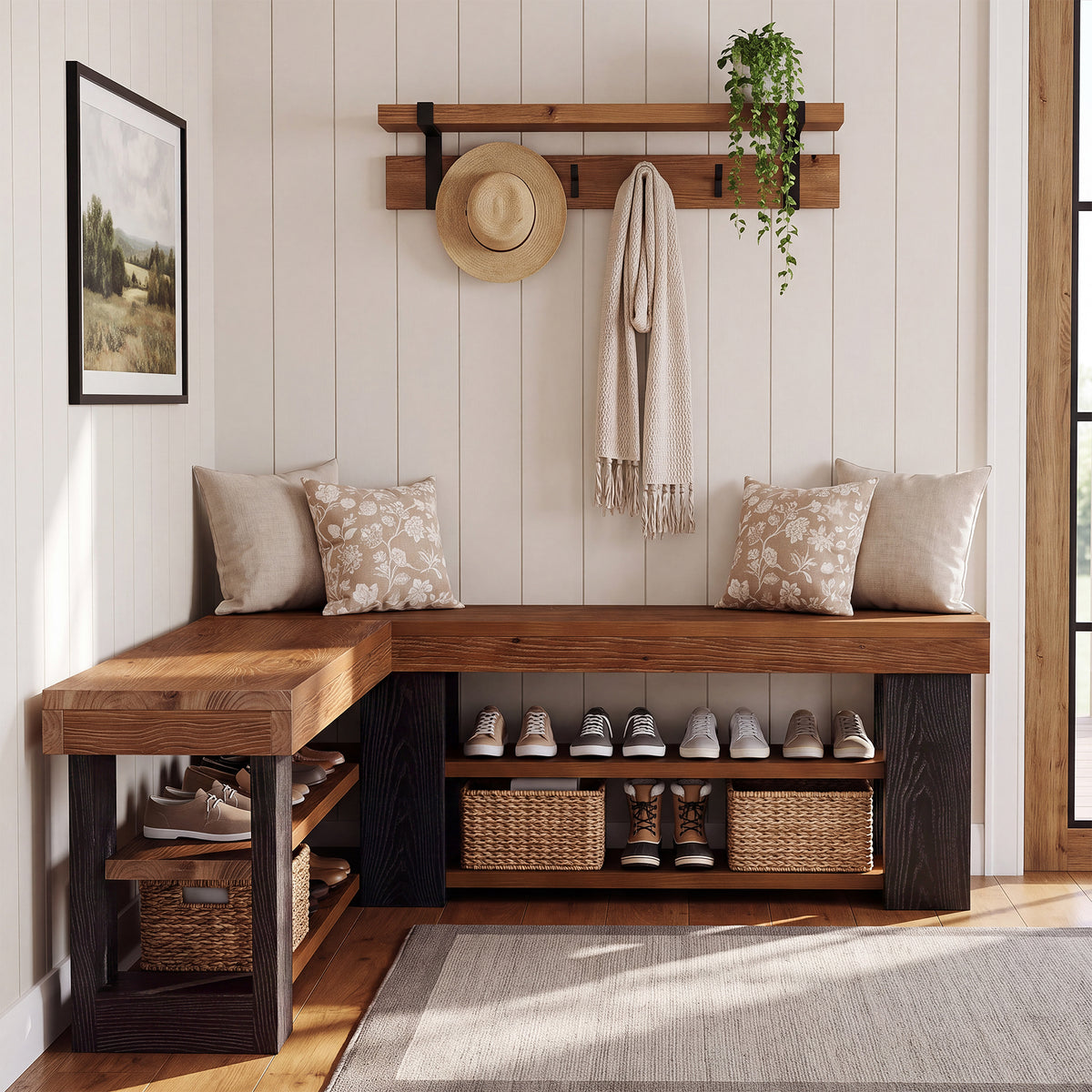 120cm L-Shaped Corner Bench, 3-Tier Solid Wood Entryway Bench for Hallway Mudroom