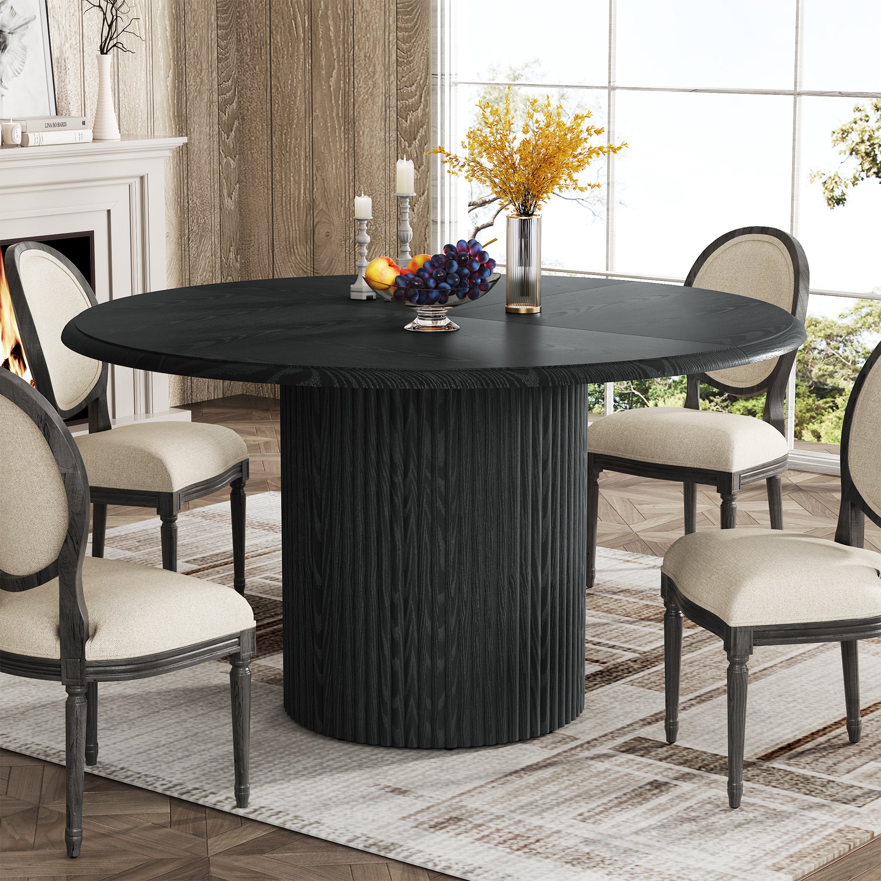 47.24" Round Dining Table, Farmhouse Kitchen Table with Metal Base for 4