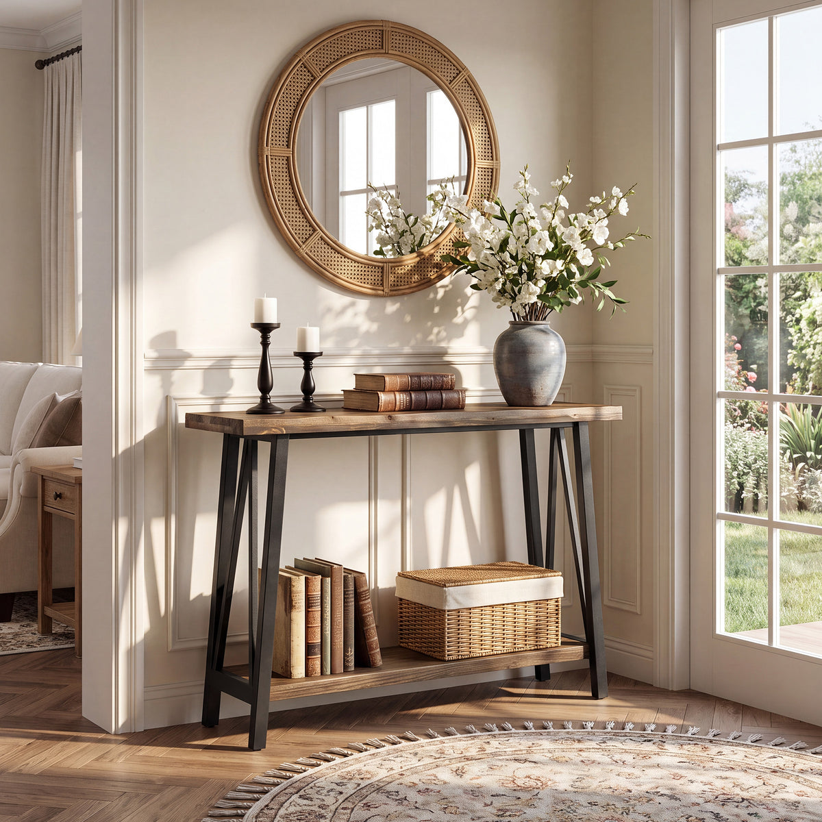 160cm Console Table, Industrial 2-Tier Live Edge Wood Top & Metal Frame for Hallway