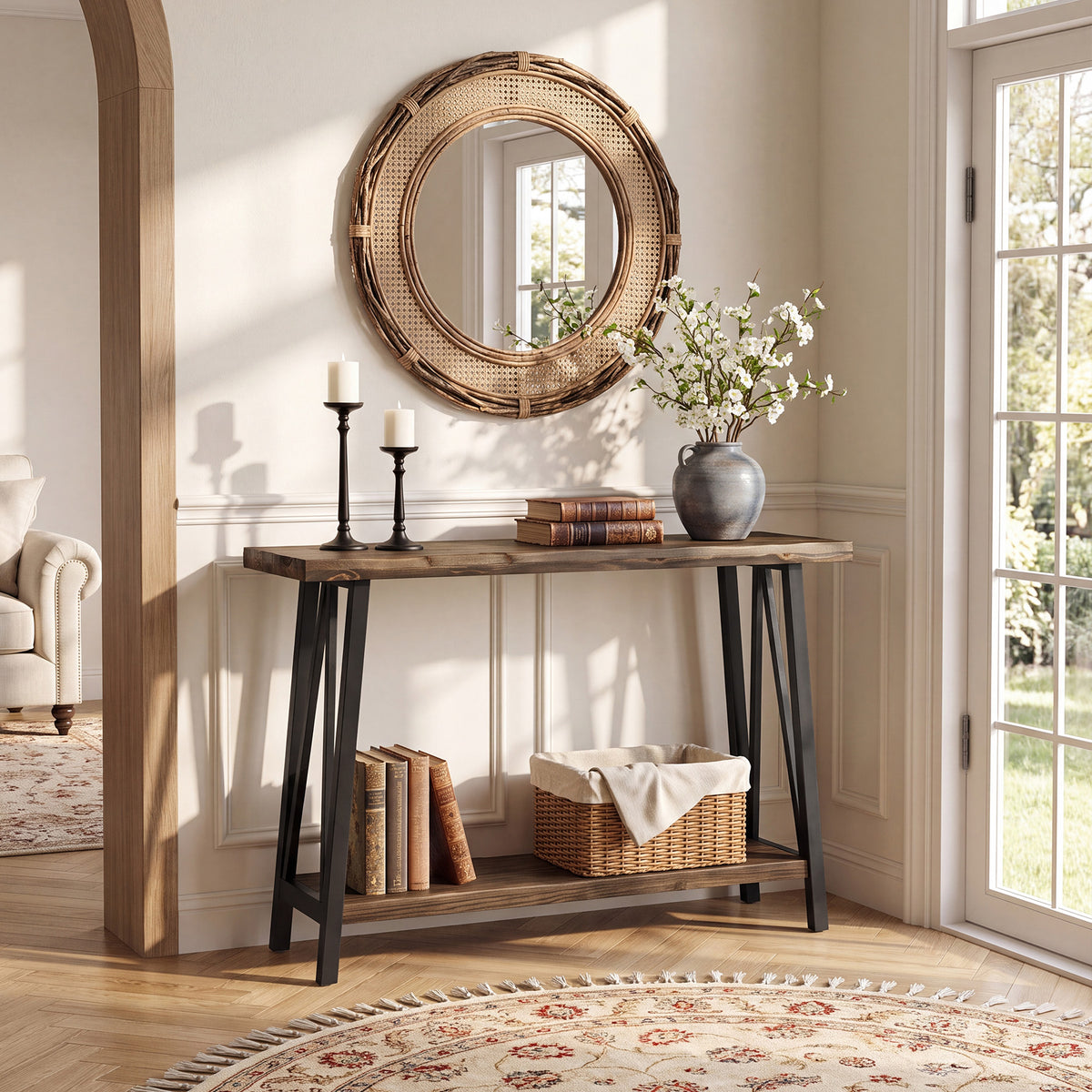 160cm Console Table, Industrial 2-Tier Live Edge Wood Top & Metal Frame for Hallway