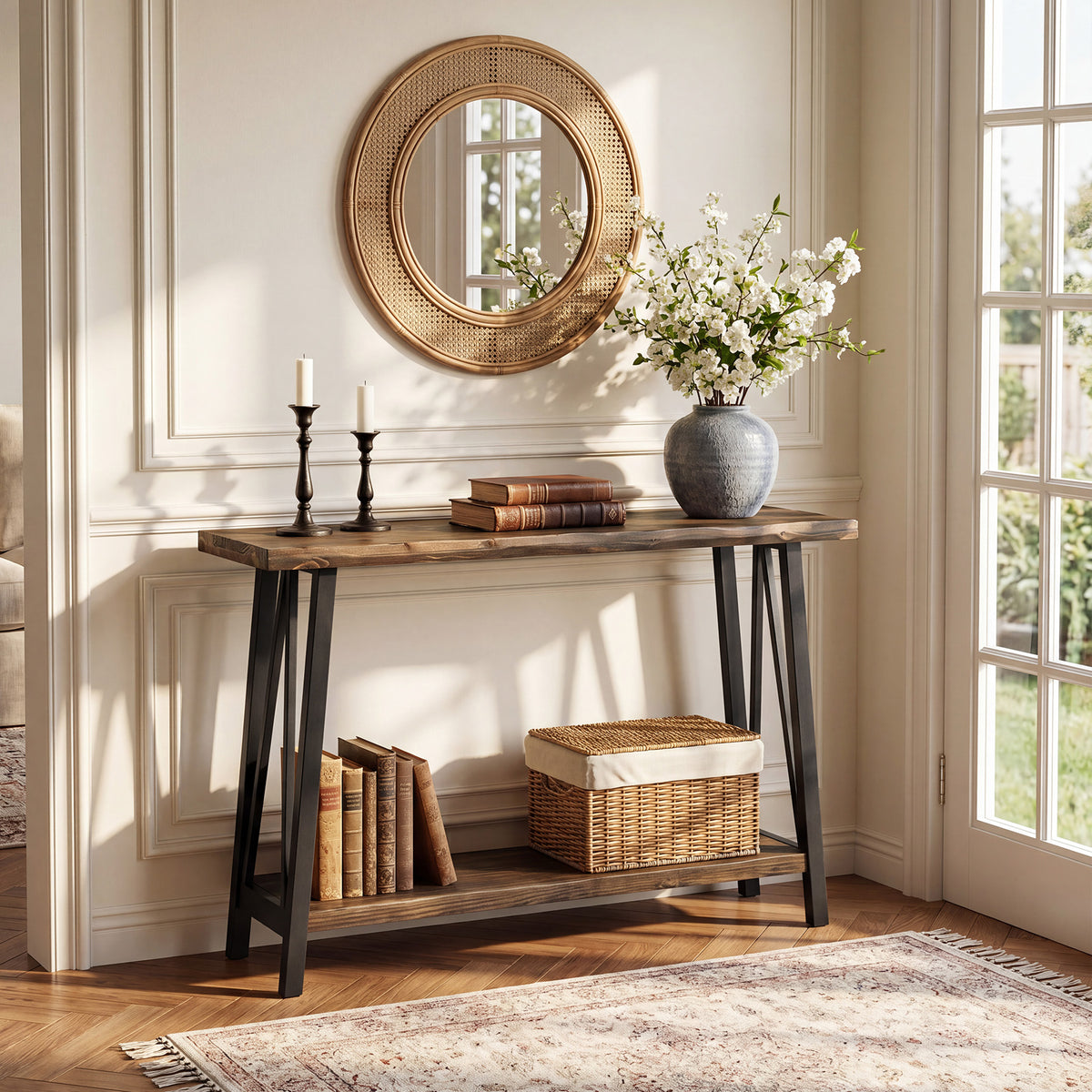 160cm Console Table, Industrial 2-Tier Live Edge Wood Top & Metal Frame for Hallway
