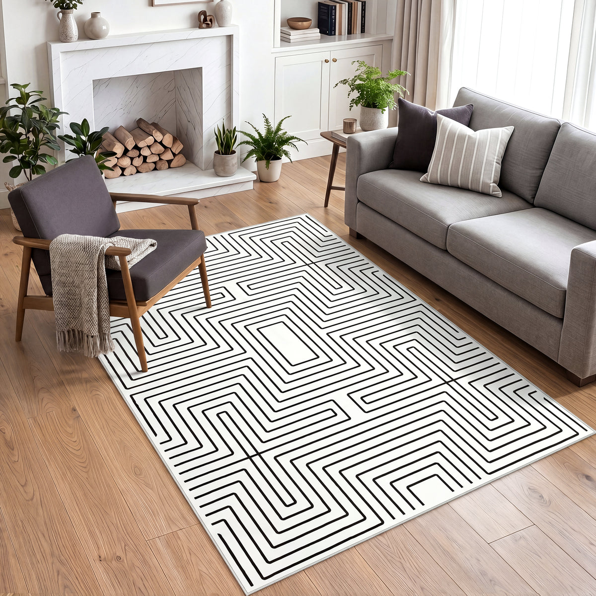 Tribesigns Minimalist Labyrinth Pattern Rug, Modern Geometric Non-Slip Low-Pile Area Rug for Living Room, OEKO-TEX Certified