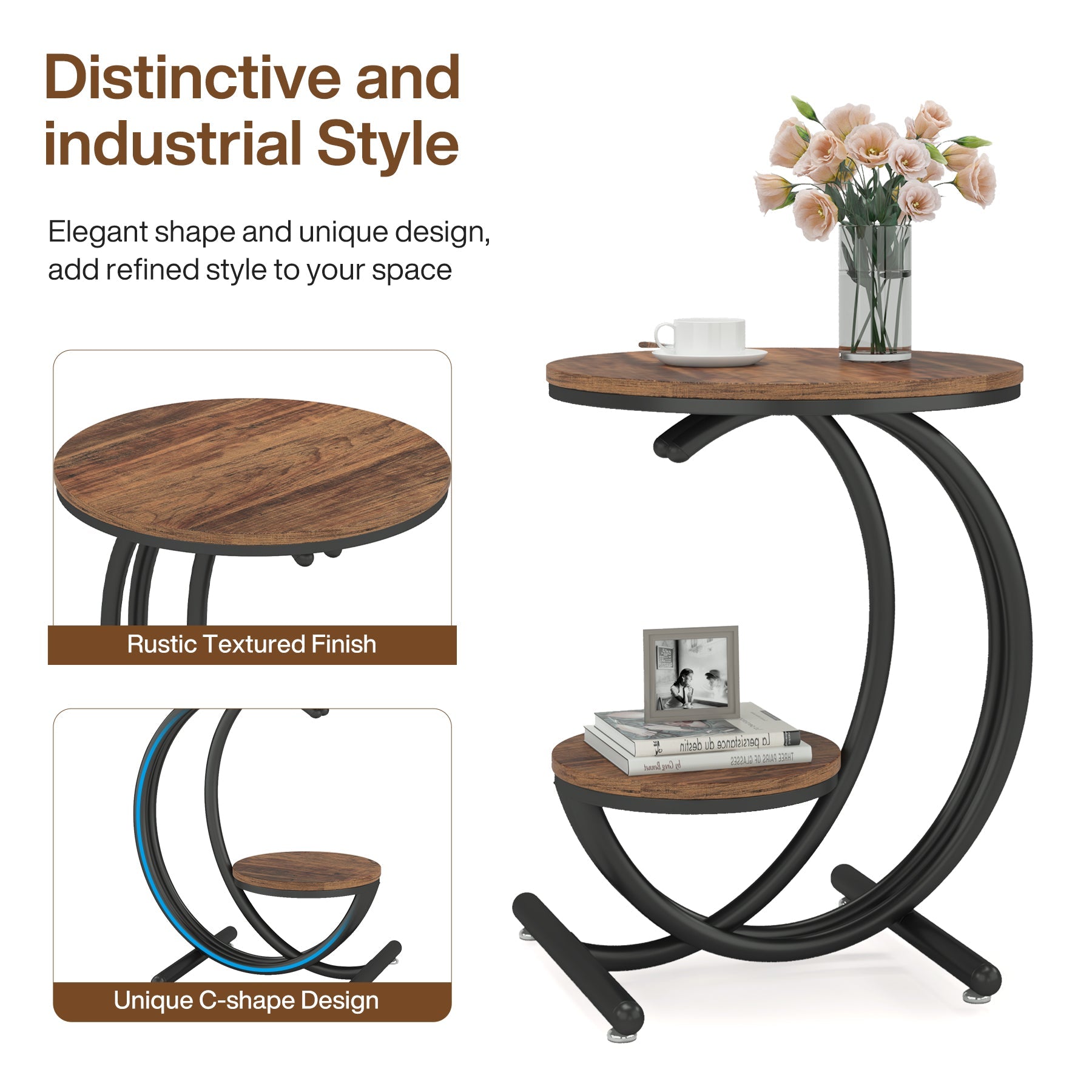 2-Tier End Table, Small Accent Side Table with C-Shaped Frame